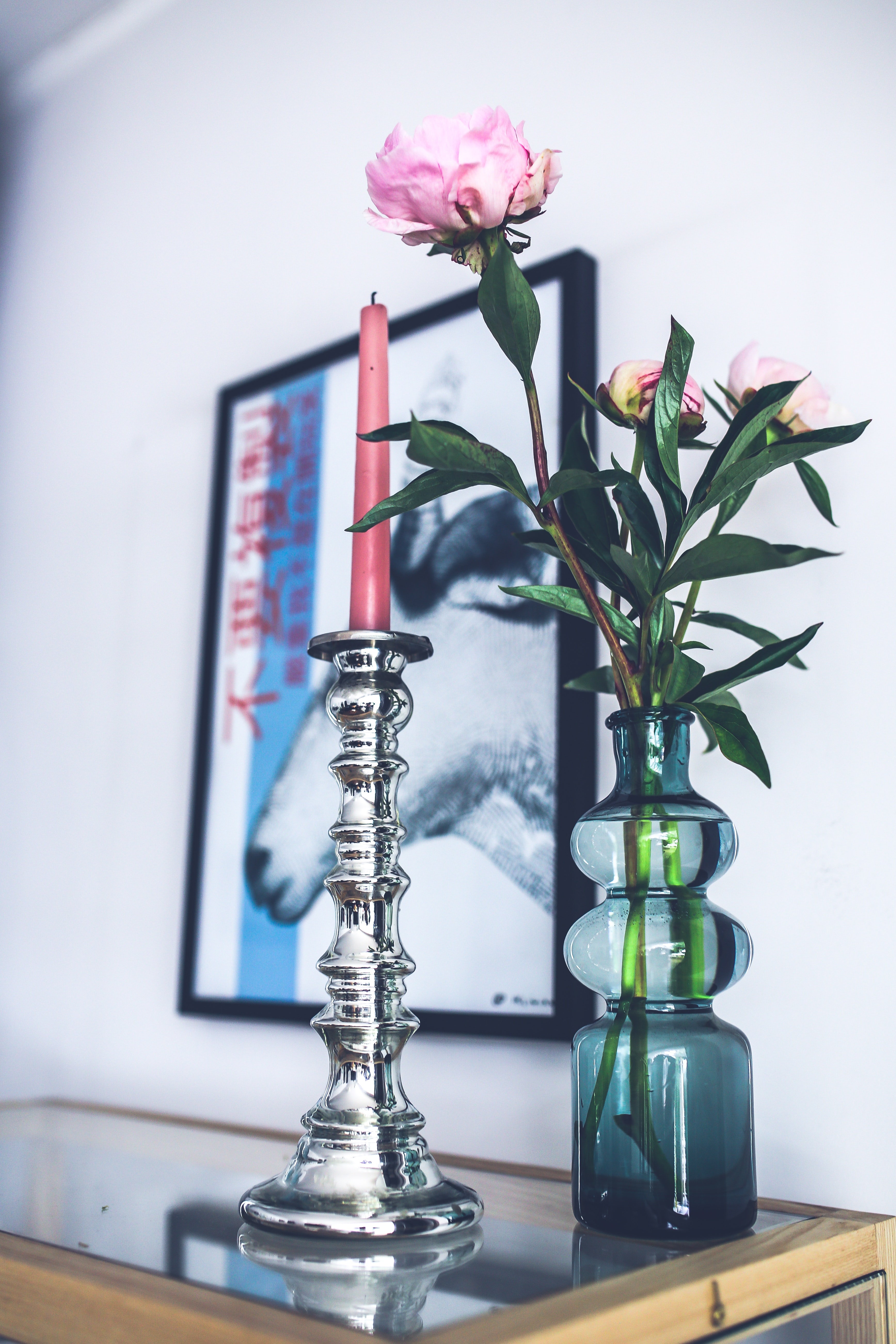 Silver candlestick & pink peonies photo