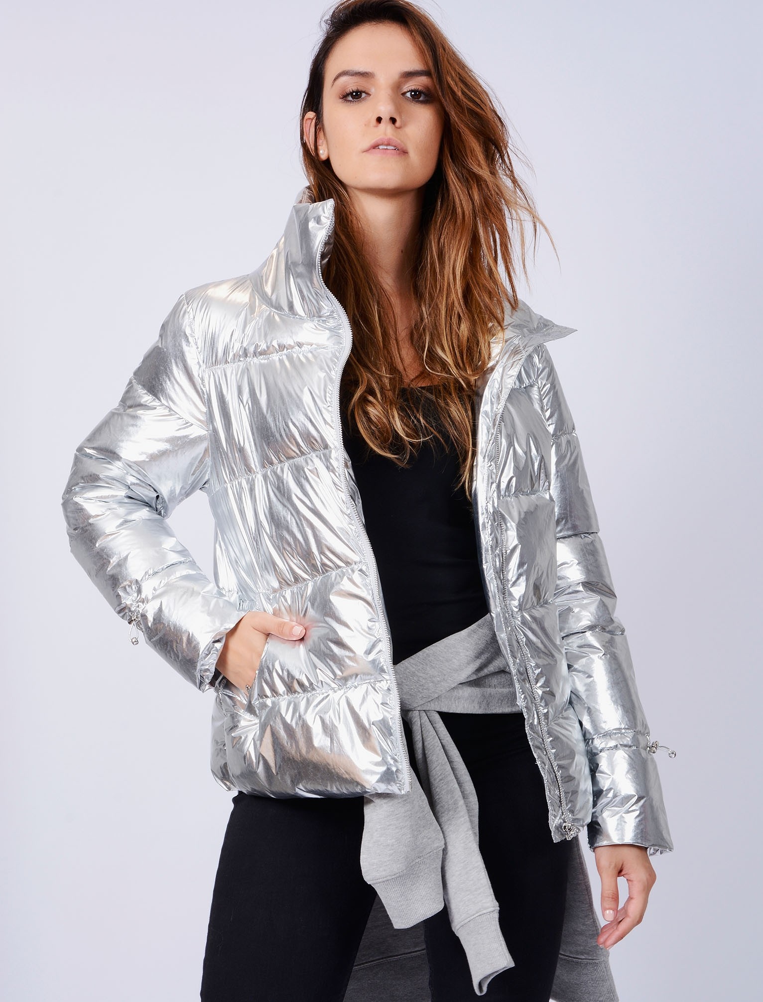 Edona Quilted Puffer Jacket in Metallic Silver – Tokyo Laundry ...
