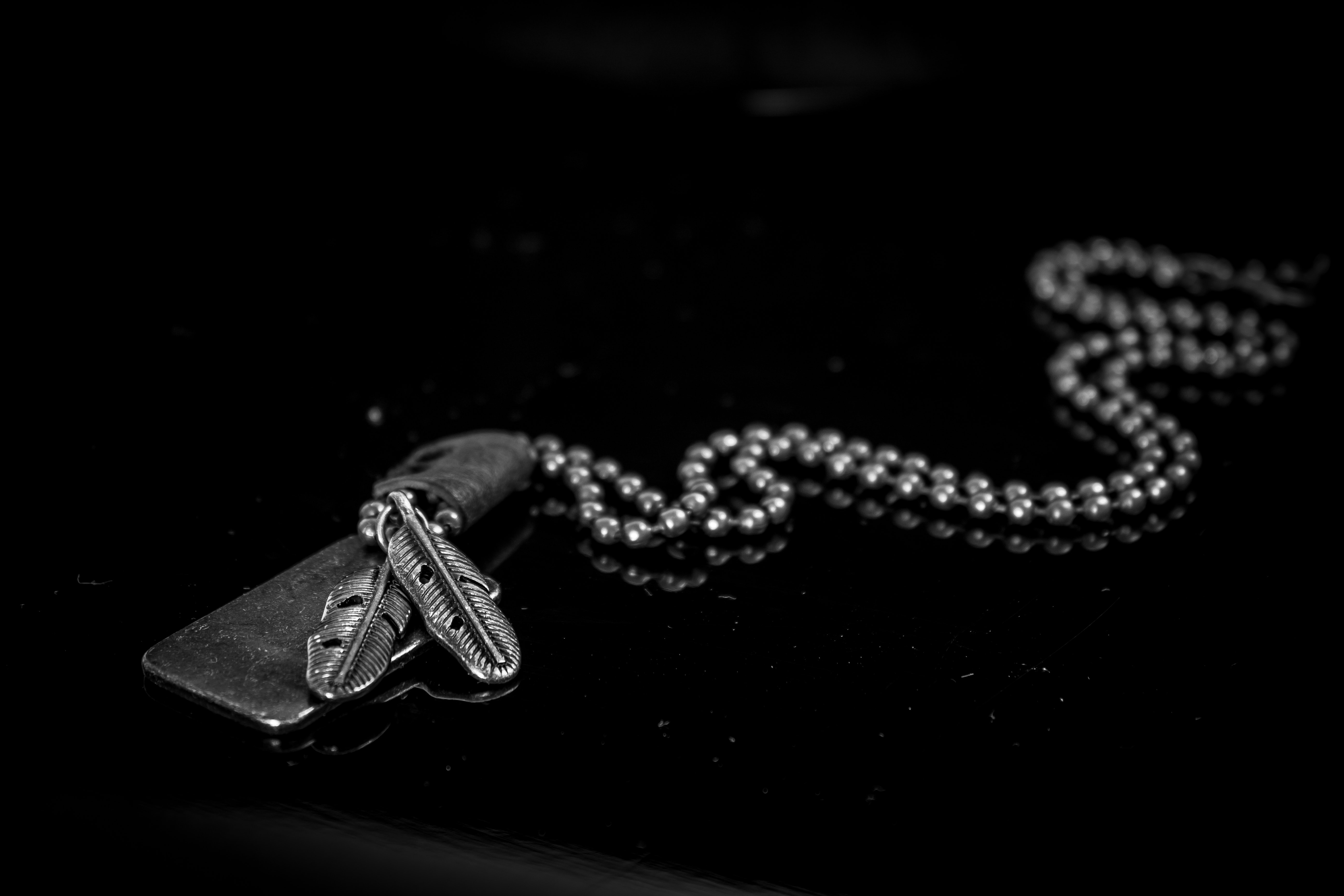 Silver dog tag necklace on black background photo
