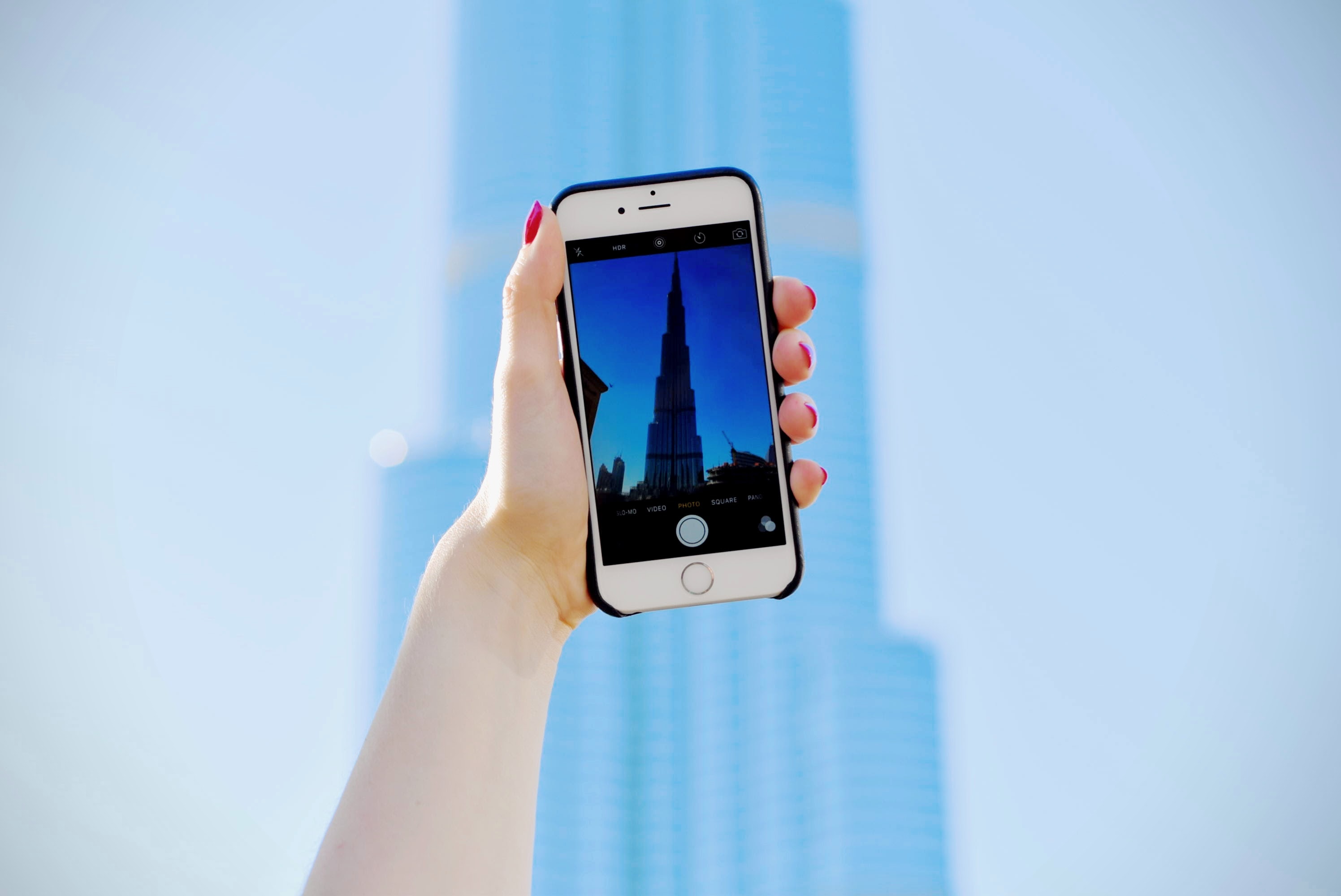 Silver Iphone 6, Building, Burj khalifa, Dubai, Famous landmark, HQ Photo