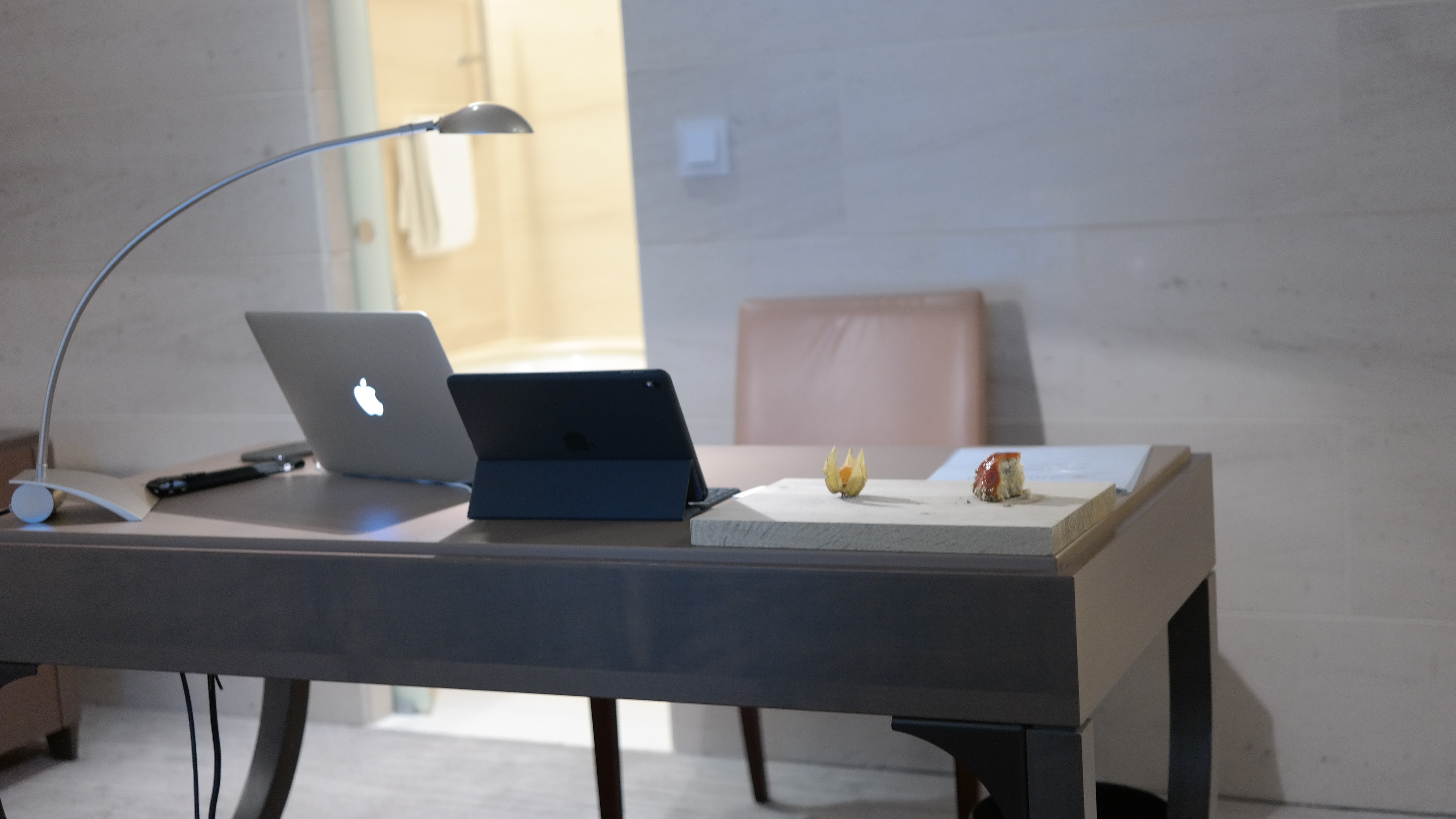 Silver Macbook on Gray Table, Chair, Light, Wooden, Wood, HQ Photo