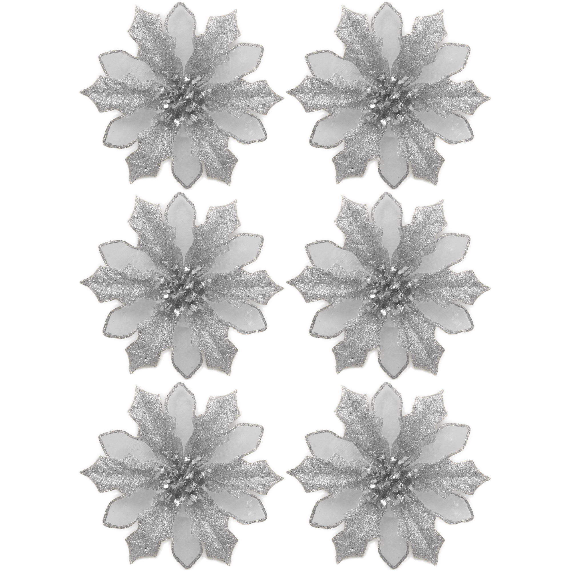 Holiday Time Silver Clip-On Poinsettia Christmas Ornaments, Set of 6 ...