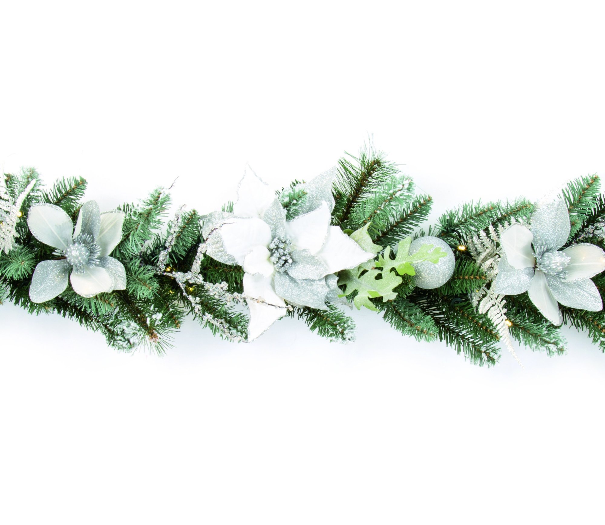 Premier Pre-Lit White and Silver Poinsettia Christmas Garland ...