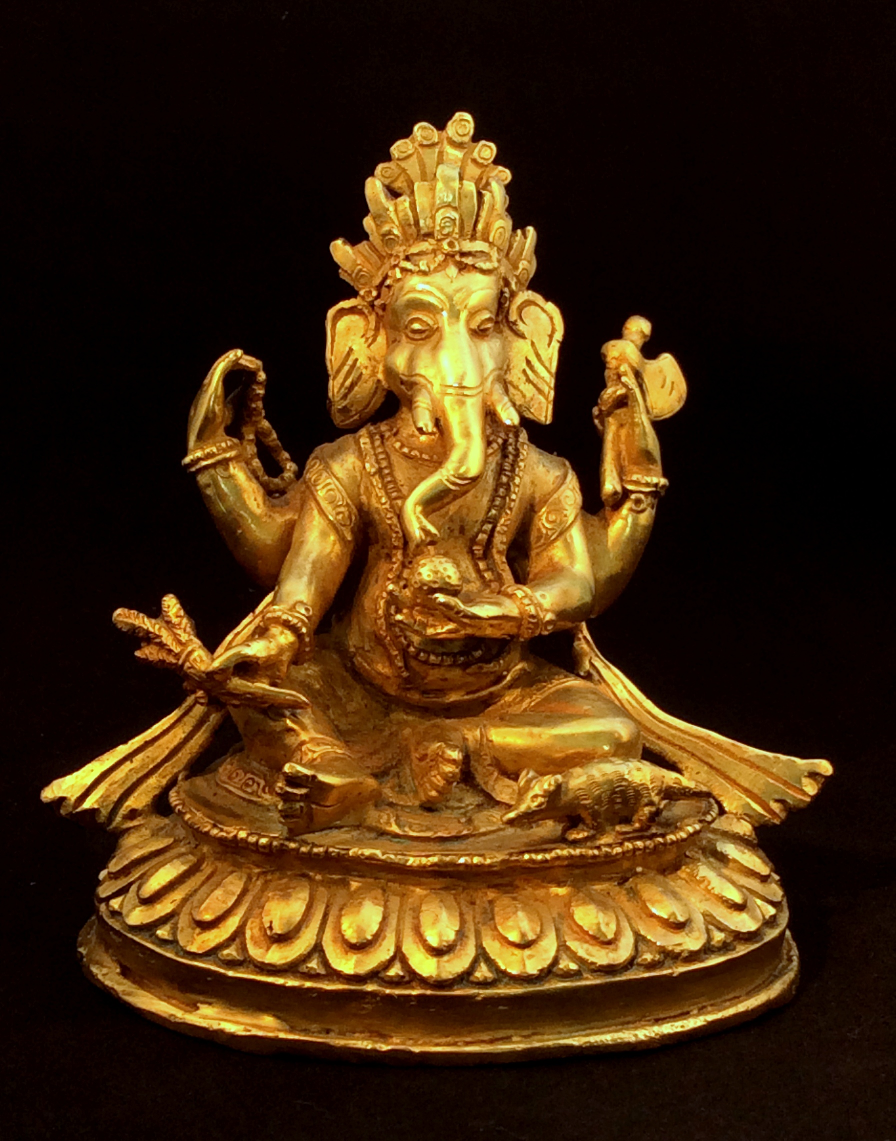Gold Tibetan Buddhist Ganesha Elephant Deity Statue - White Conch