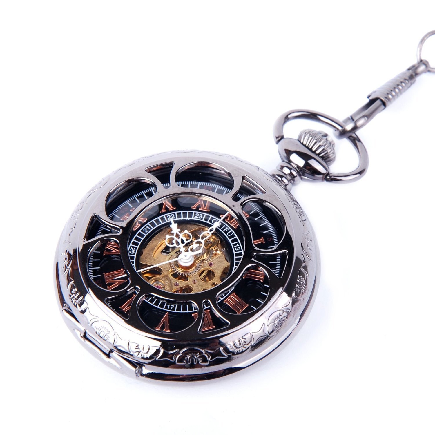 Pocket Watch with Chain Black Dial Steampunk Skeleton Mechanical ...