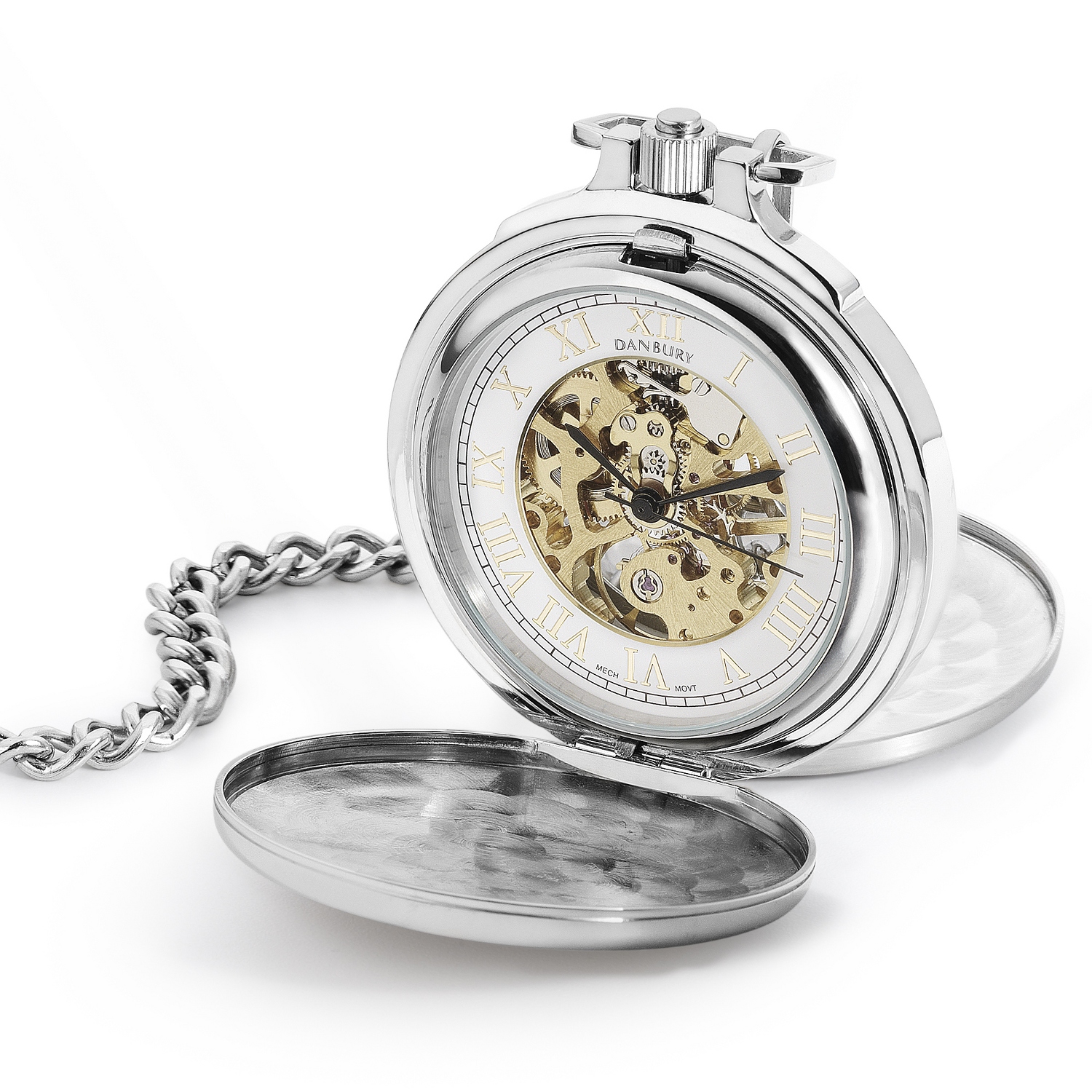 Stainless Steel Skeleton Pocket Watch with 14k Gold Accents