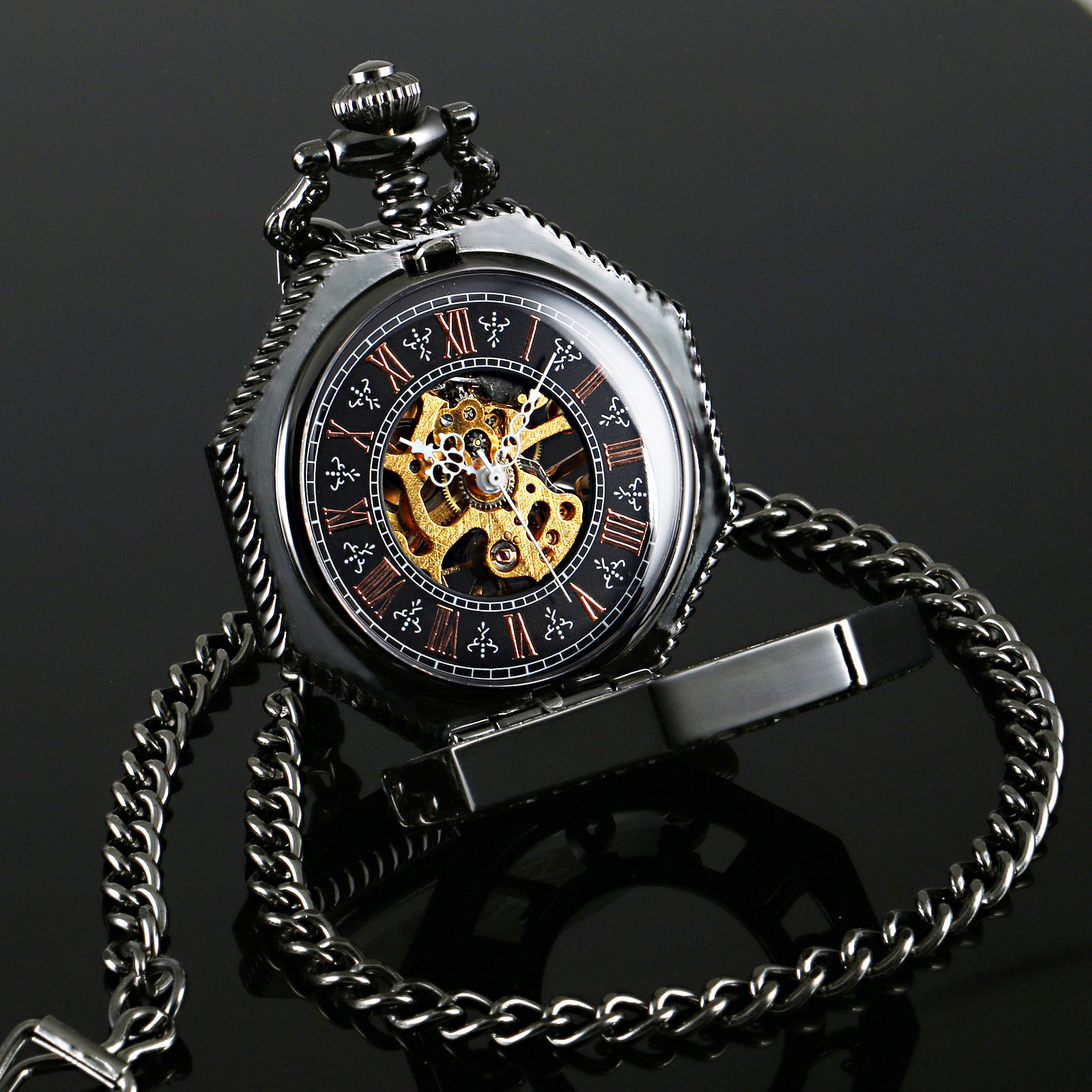 Pocket Watch Black Wind up Chain Mechanical Skeleton Classic Pedant ...
