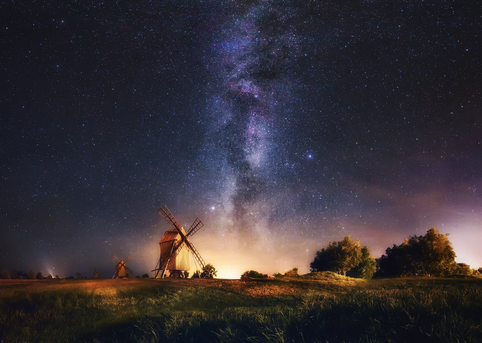 sweden island oland windmills night sky star milky way HD wallpaper