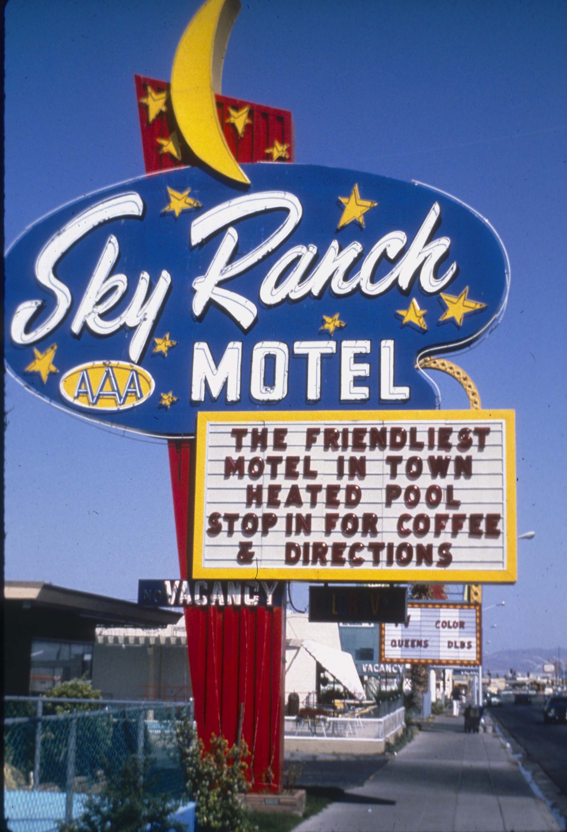 A color image of the neon sign for the Sky Ranch Motel, located on ...