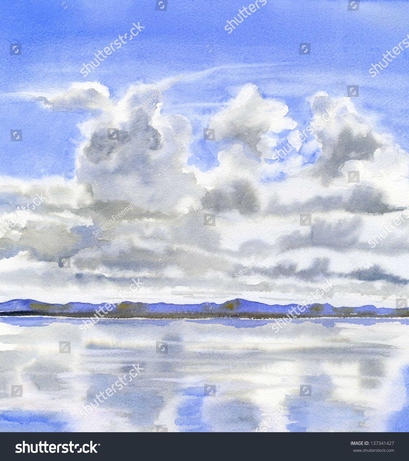 Cloudy Sky Blue Mountains Reflection Clouds Stock Illustration ...