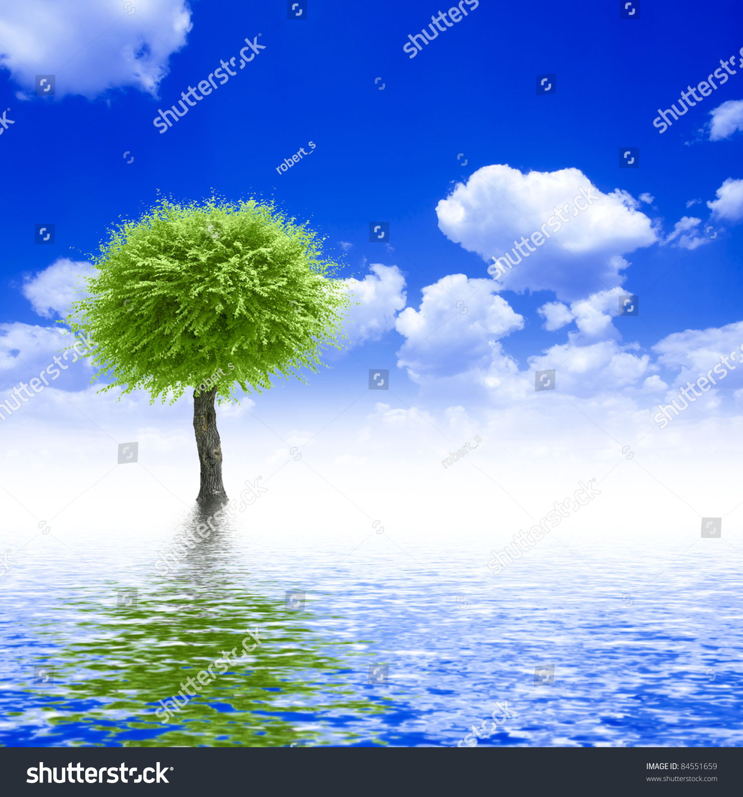 Green Tree Against Blue Sky Reflection Stock Illustration 84551659 ...