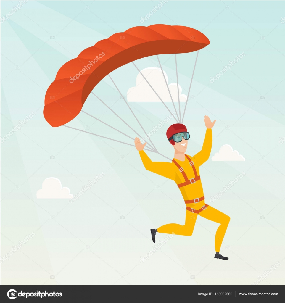 Young caucasian skydiver flying with a parachute. — Stock Vector ...