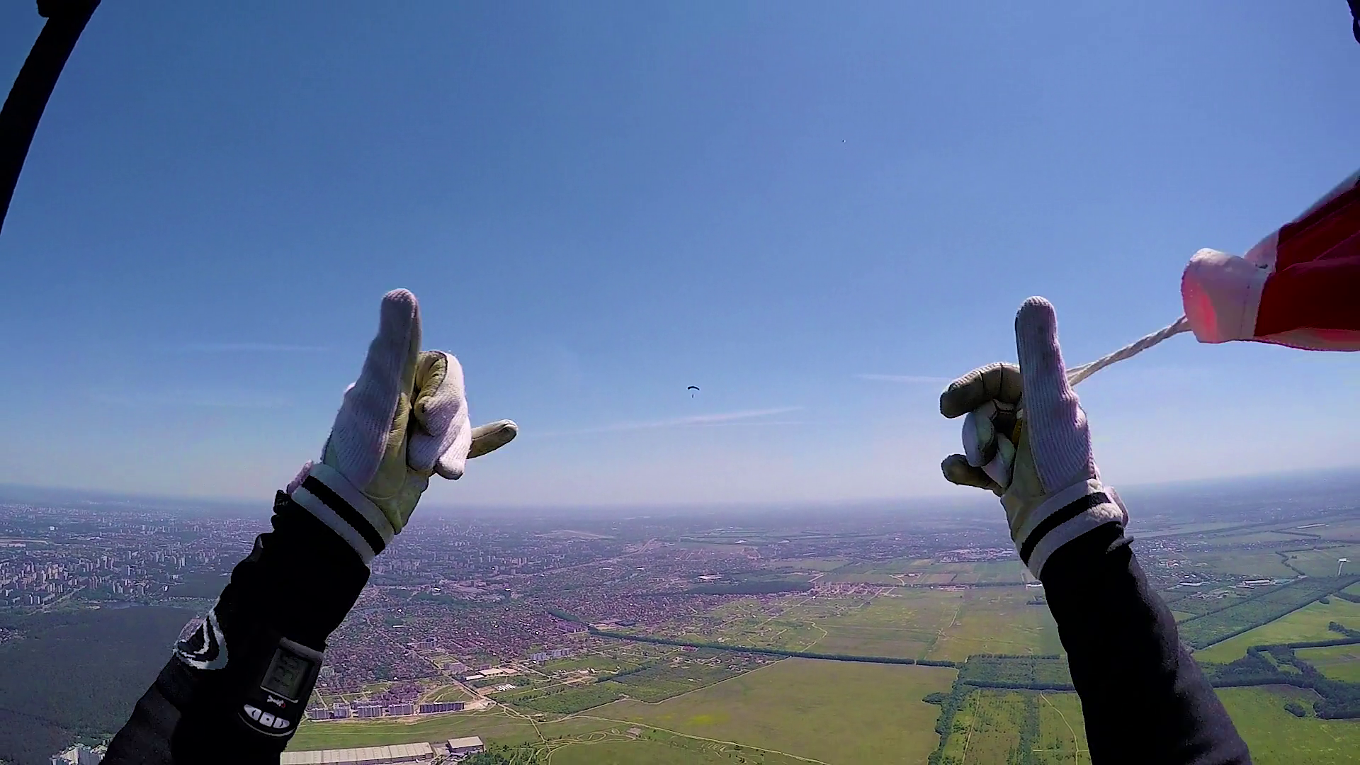 Skydiver is opening parachute, view from helmet Stock Video Footage ...