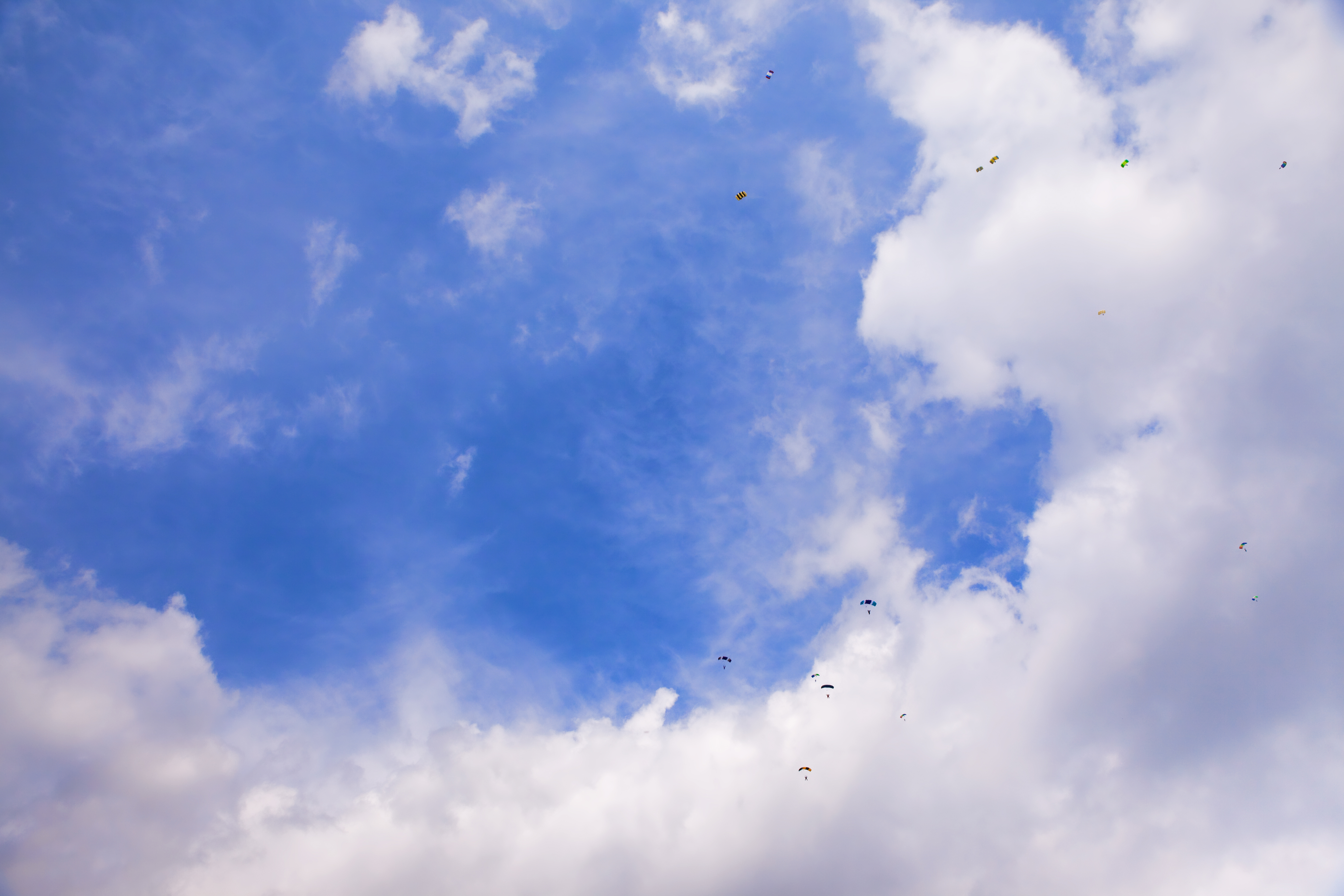Skydivers in blue sky photo
