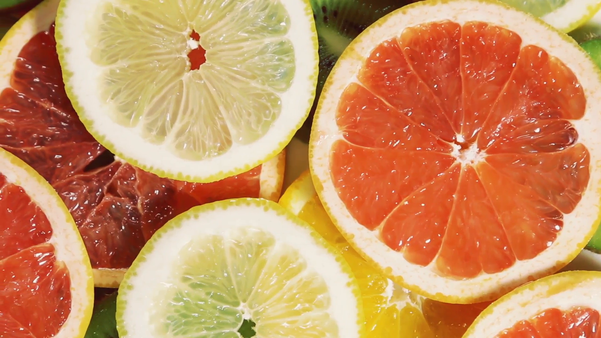 different types of fruit slices of orange, grapefruit, lemon, kiwi ...