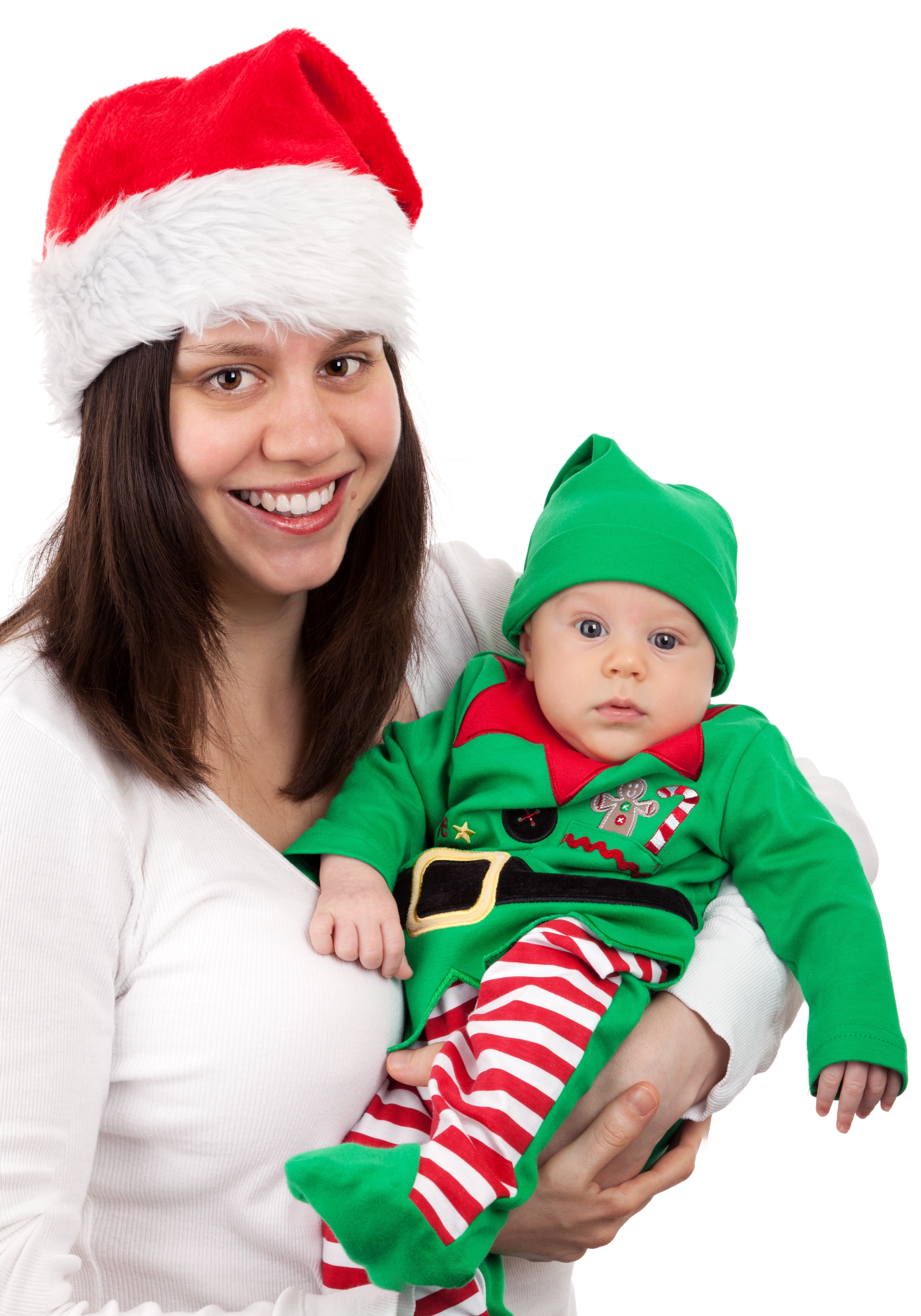Smiling Woman Wearing Santa Hat Carring Baby Wearing Elf Costume, Baby, Kid, Stripes, Smile, HQ Photo