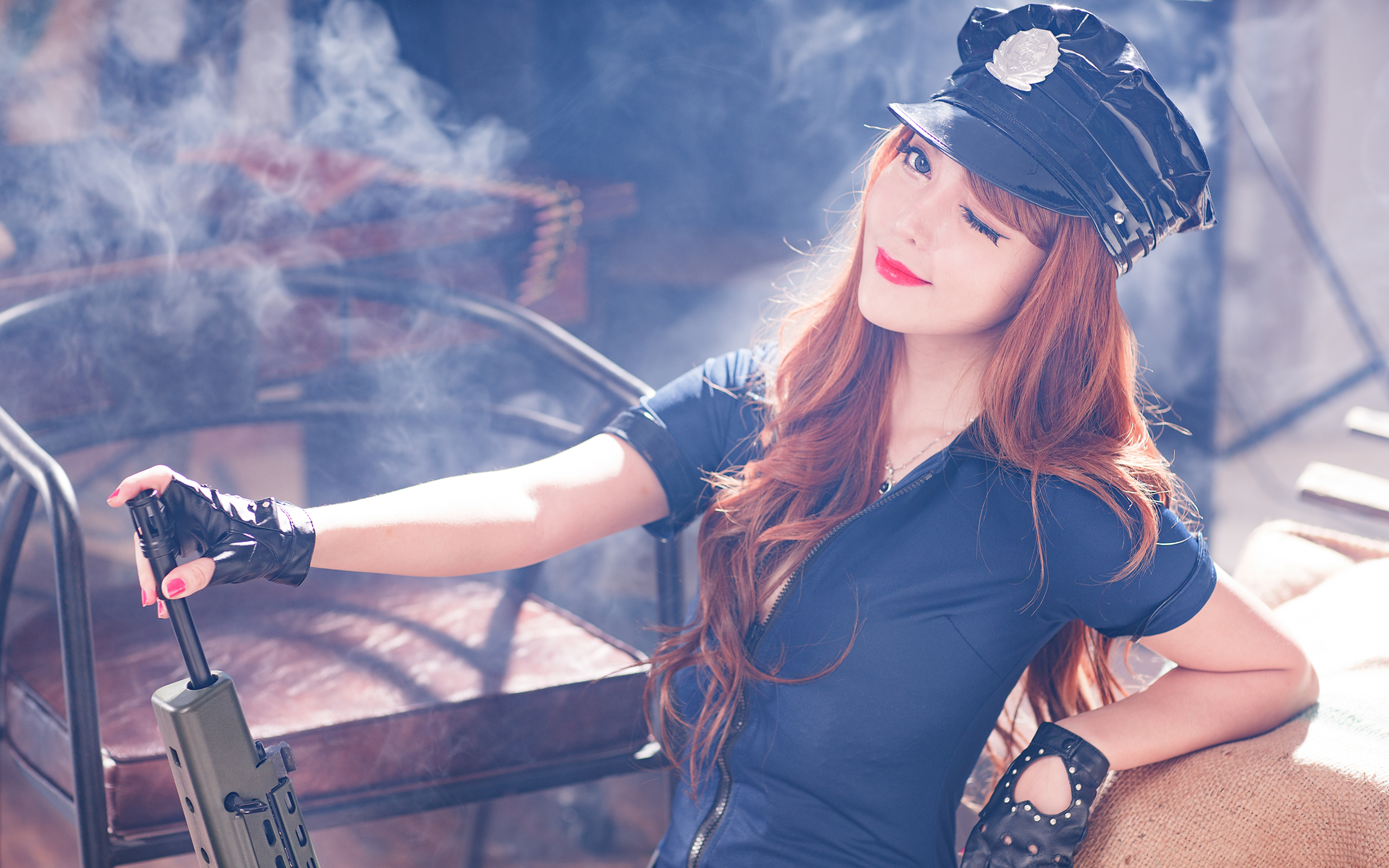 Images Brown haired Assault rifle Hat Girls Asiatic Smoke 3840x2400