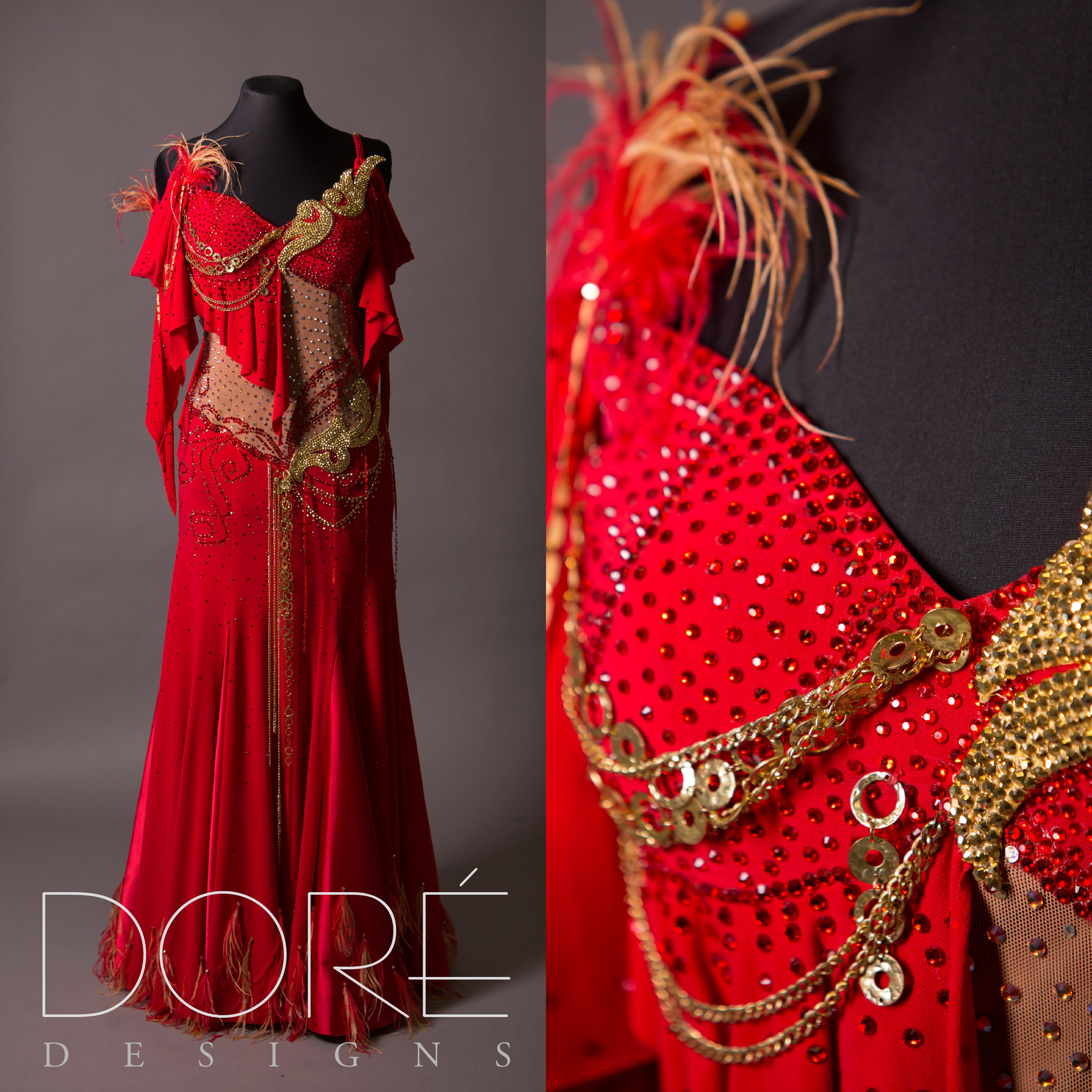 Nude & Red Smooth w/ Gold Chains & Feather Trim Godets | Ballroom ...