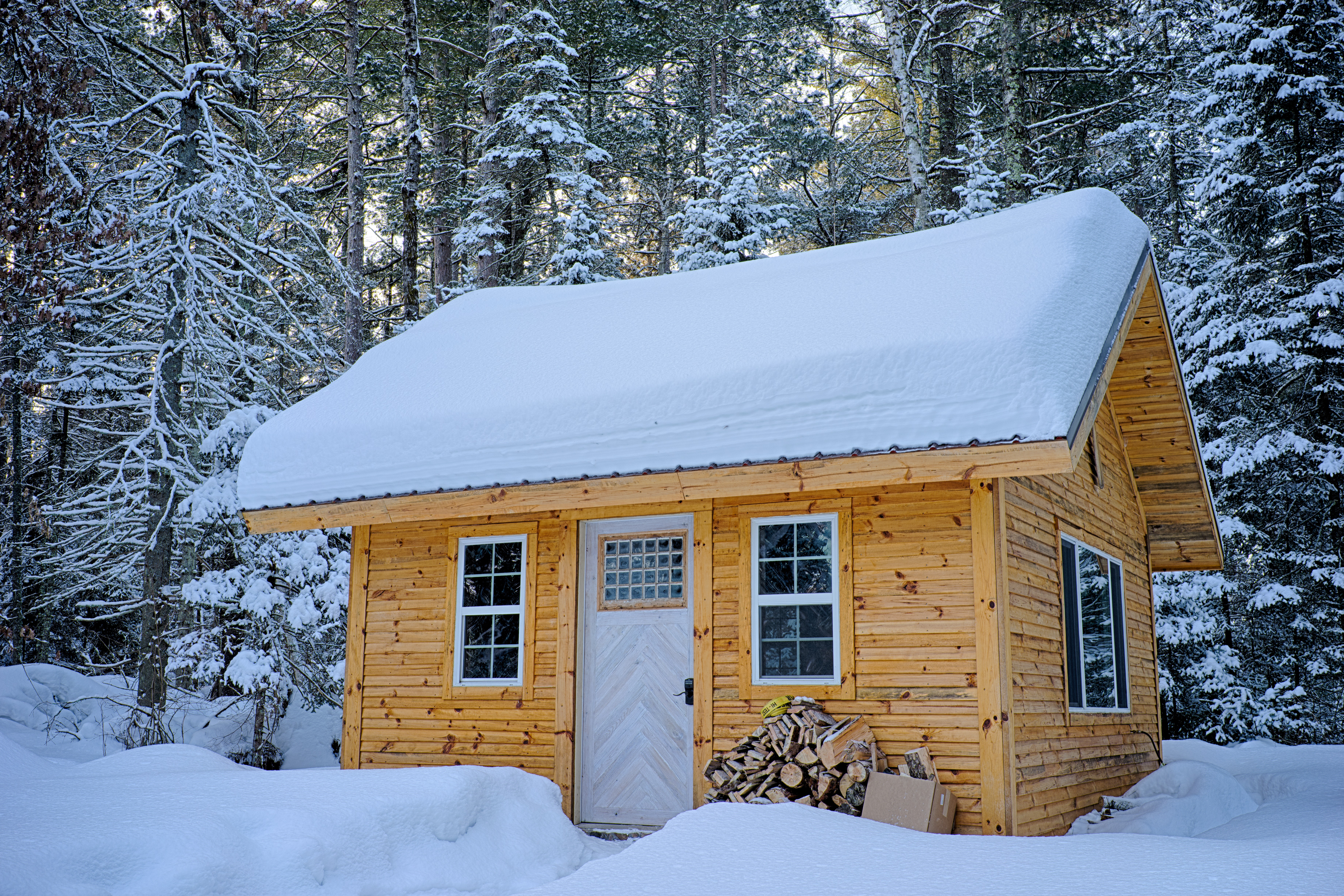 Snow covered wooden house inside forest photo