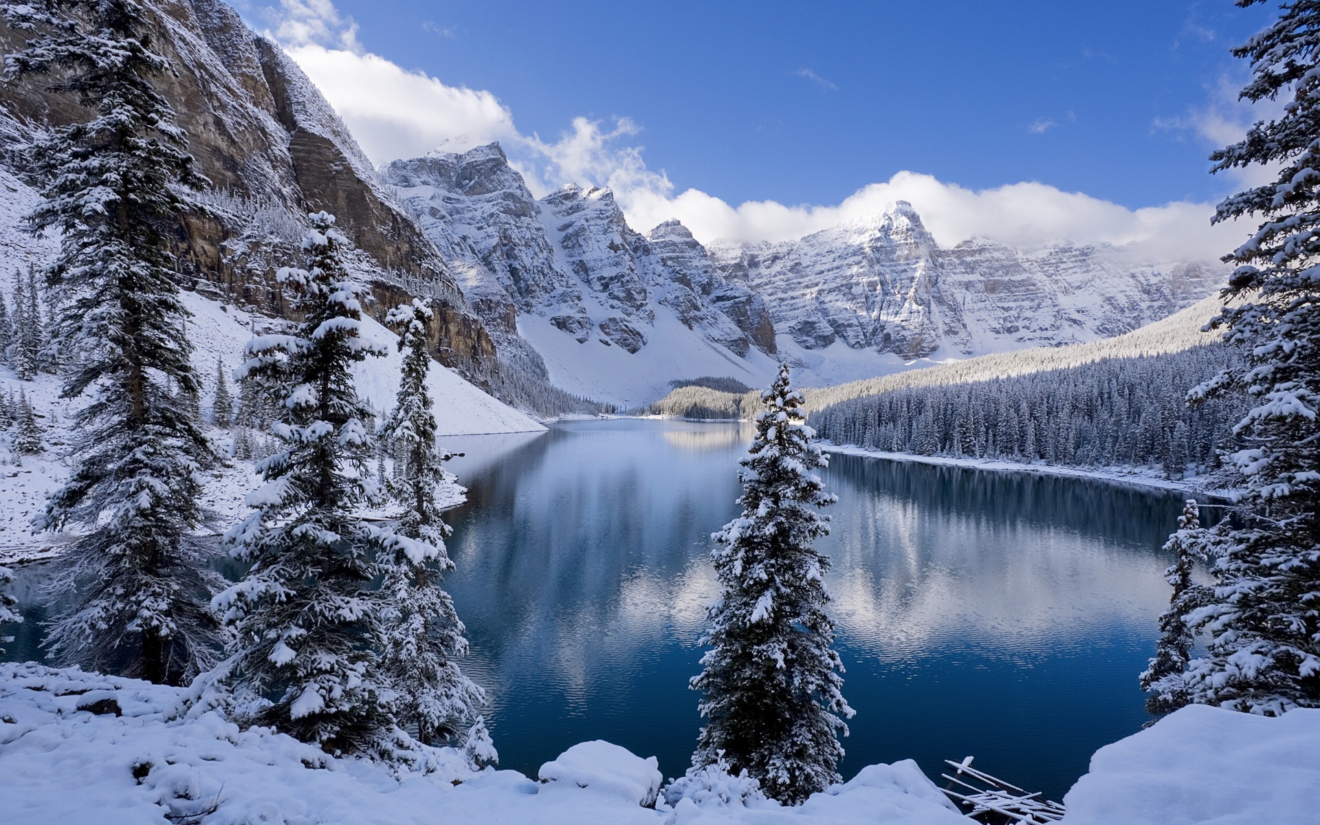 Winter, snow-covered mountains and trees, icy lake wallpaper ...