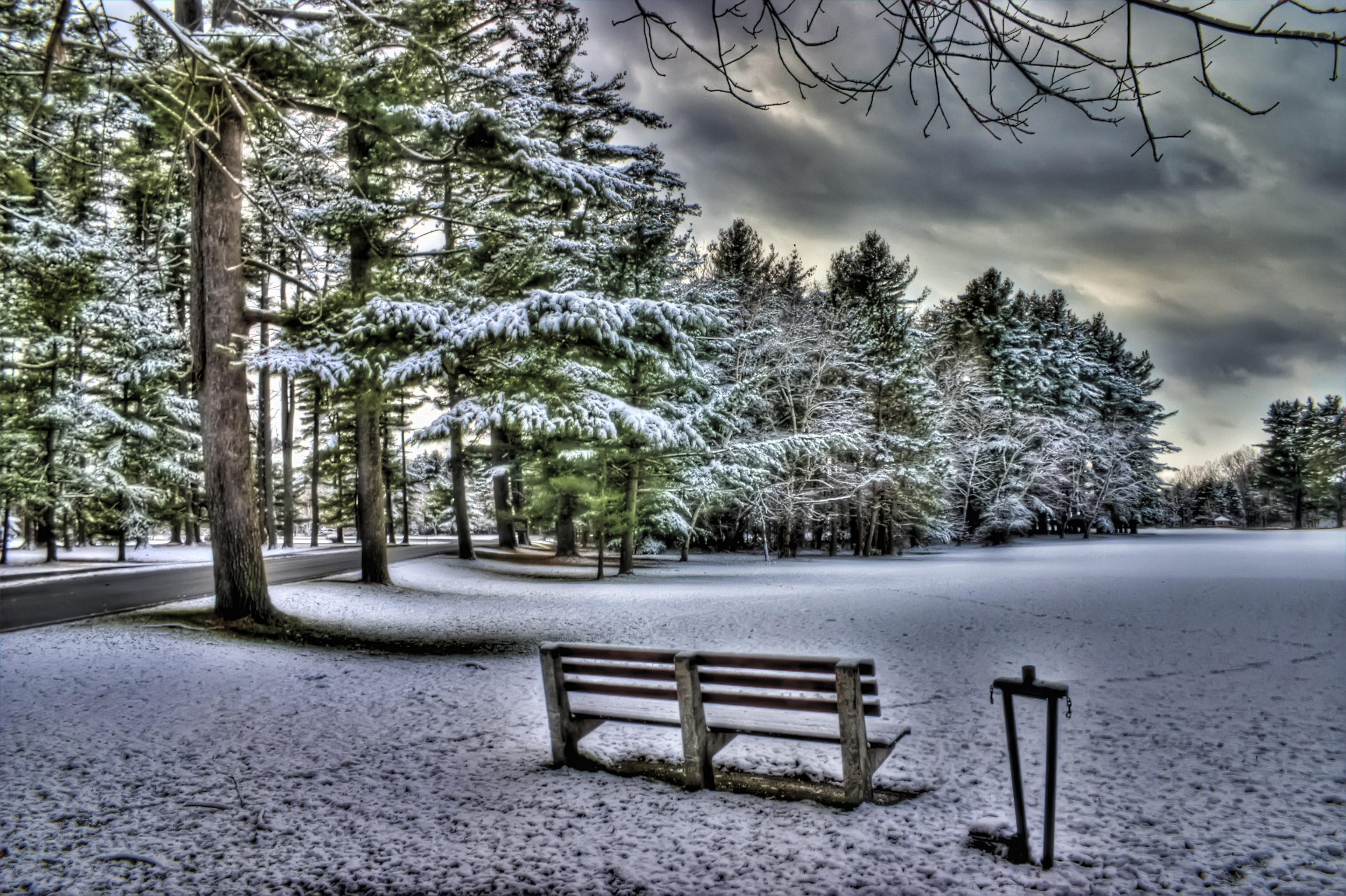 Winter: Snowy Nature Winter Time Bench Snow Sky Clouds Ipad HD ...