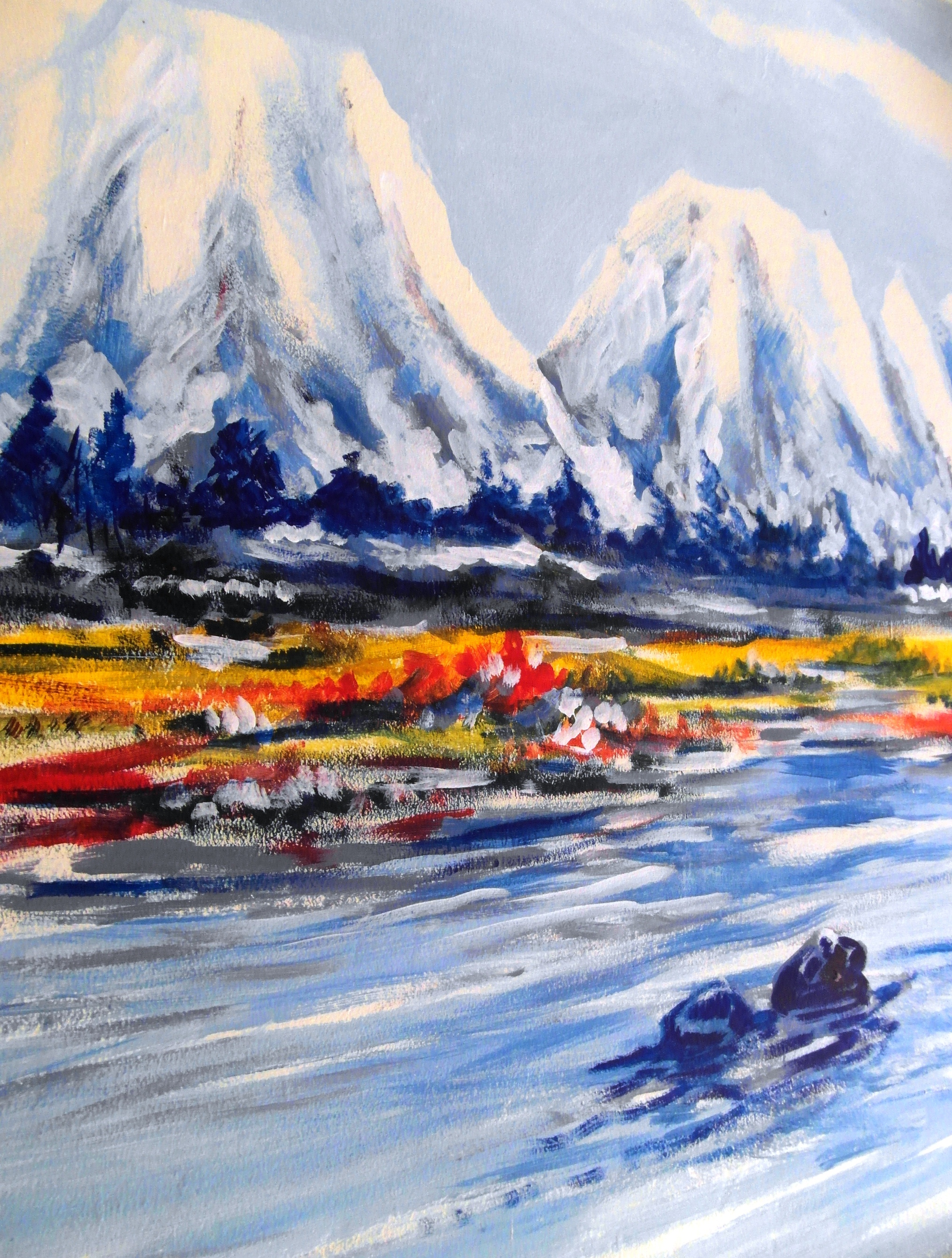 Snowy mountain and river scene photo