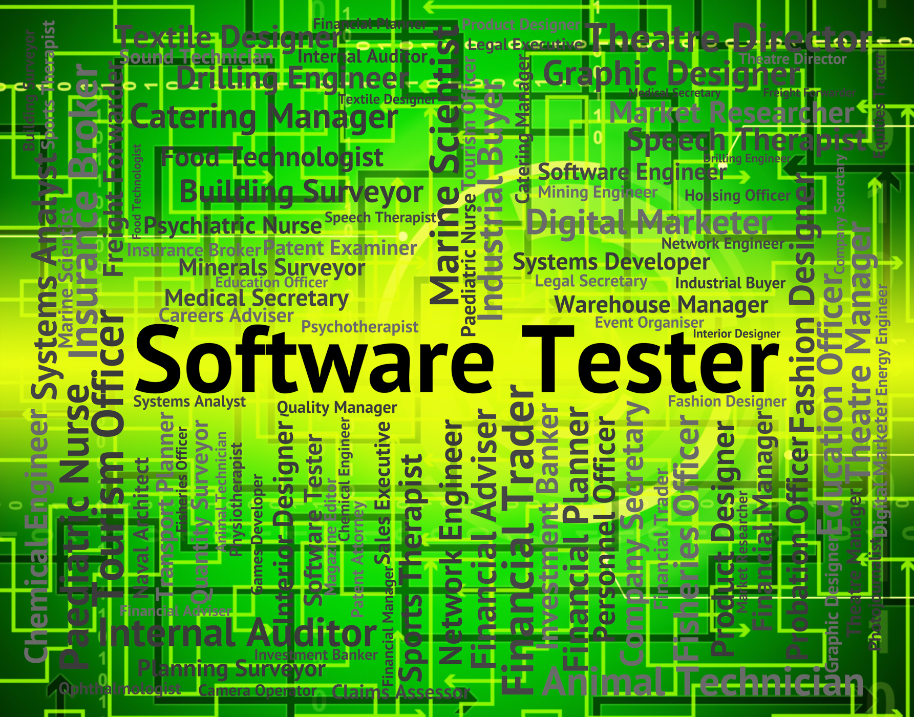 Software tester represents scrutinizer tests and occupation photo