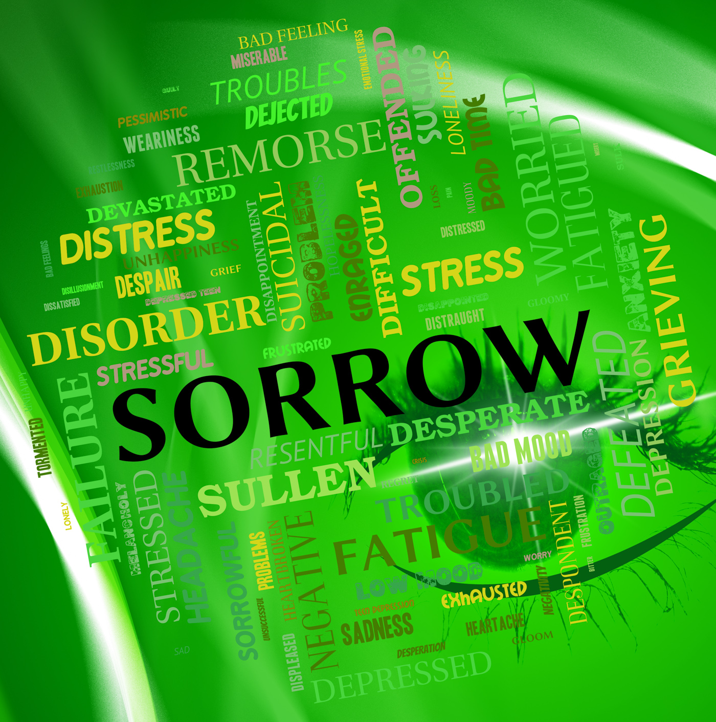 Sorrow word shows grief stricken and depressed photo