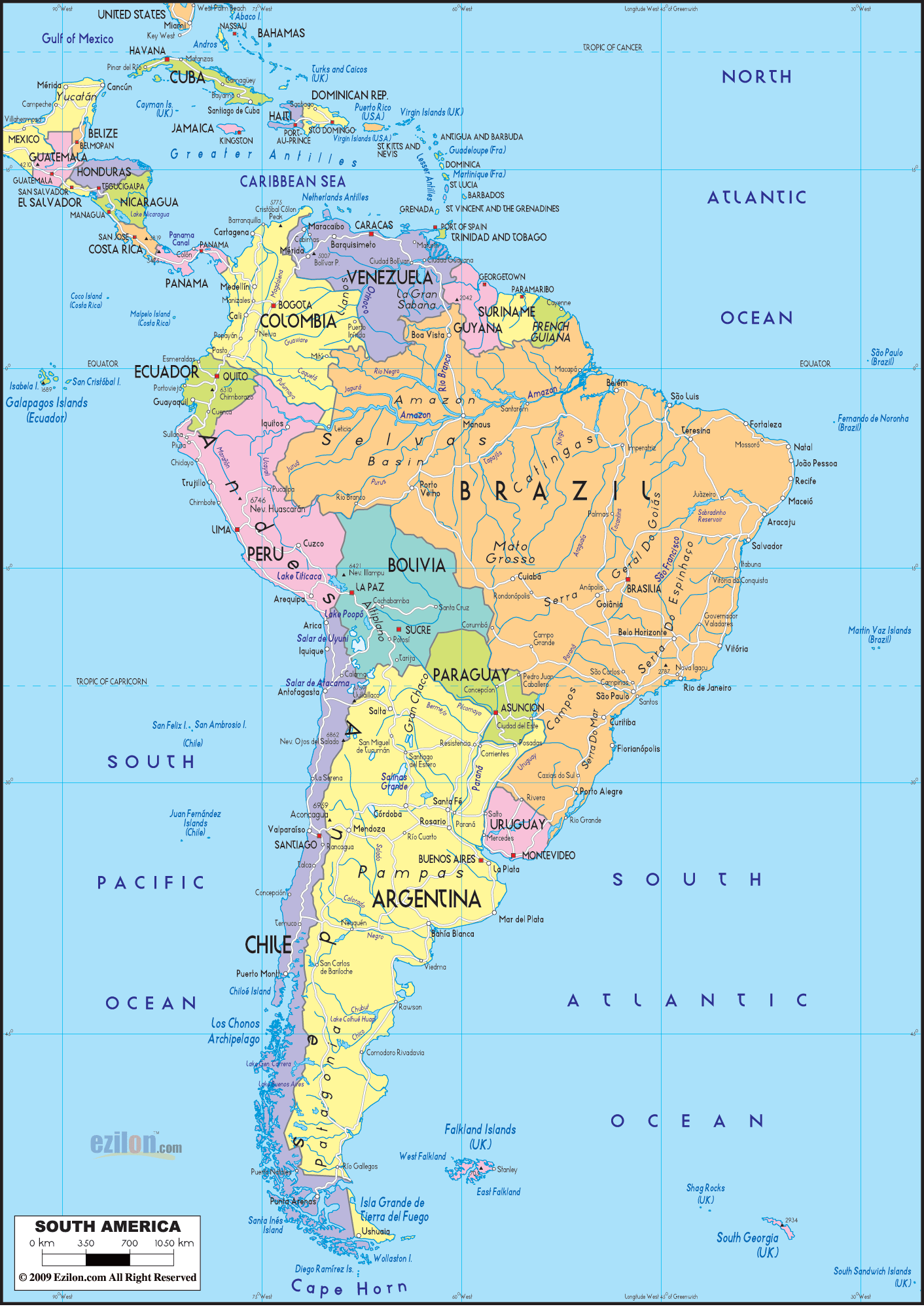 Political Map of South America. Mexico, Bahamas, Guatemala, Jamaica ...