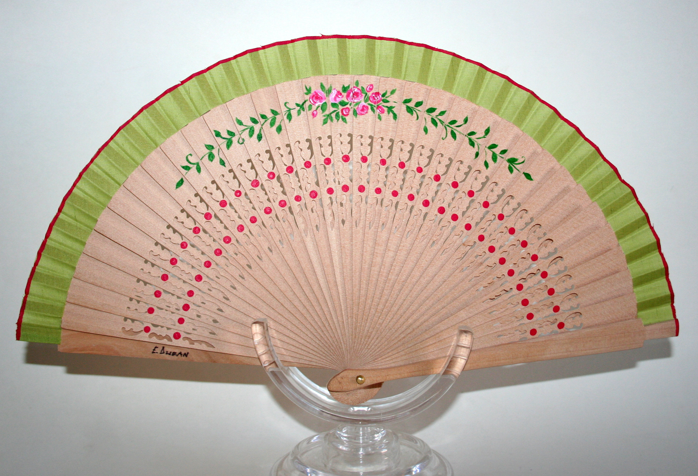 Spanish hand painted folding fan Natural wood green fabric