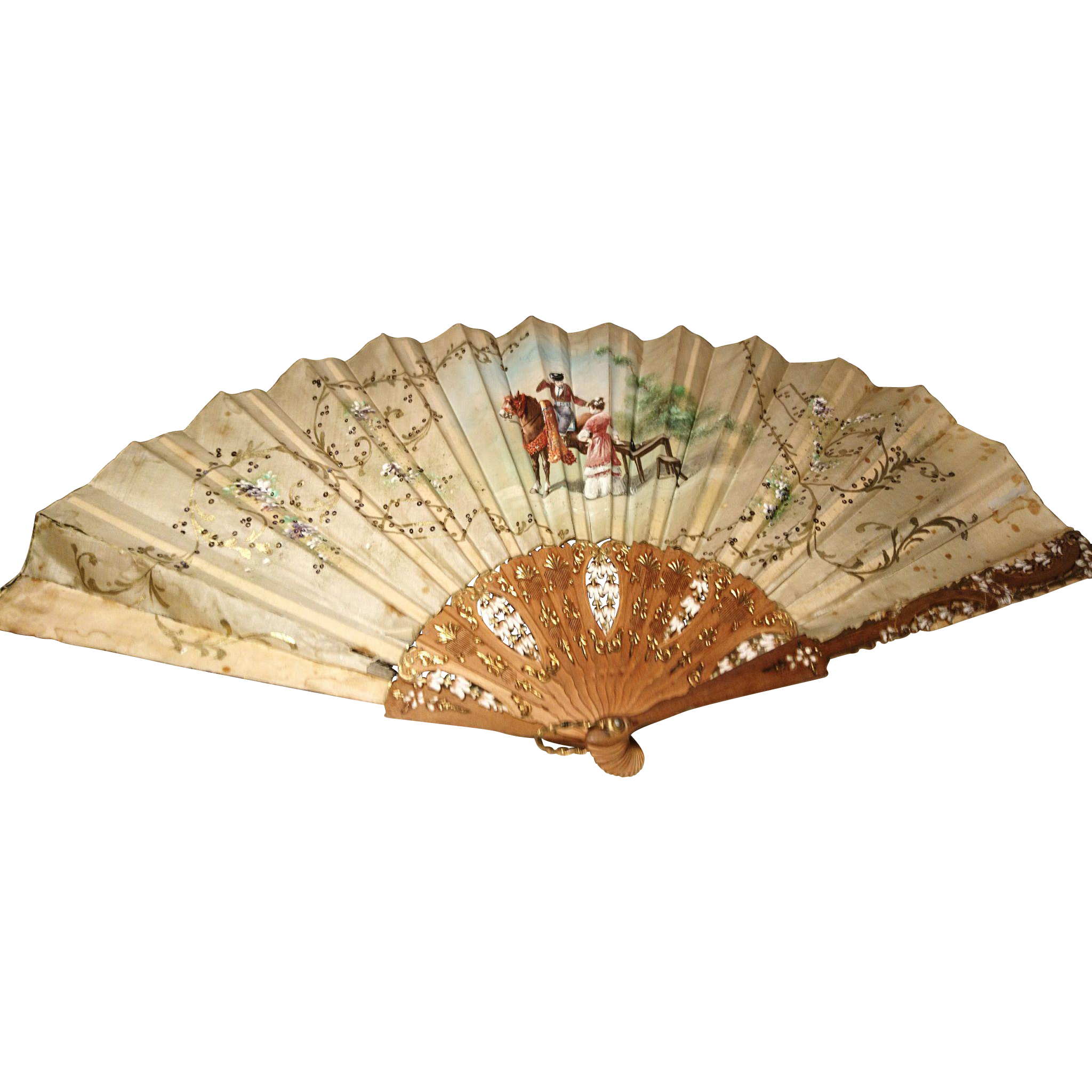 Antique hand painted silk Spanish fan, bridal fan, wood and silk fan ...