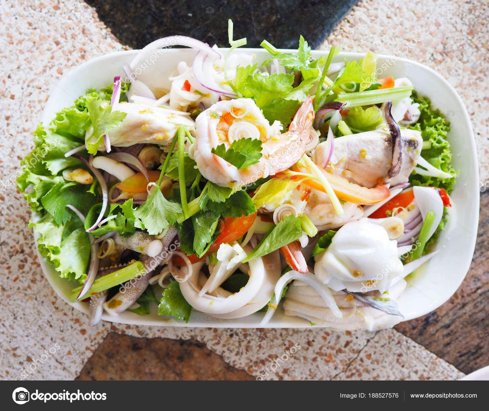 Thai menu spicy seafood salad. — Stock Photo © P.Kanchana #188527576