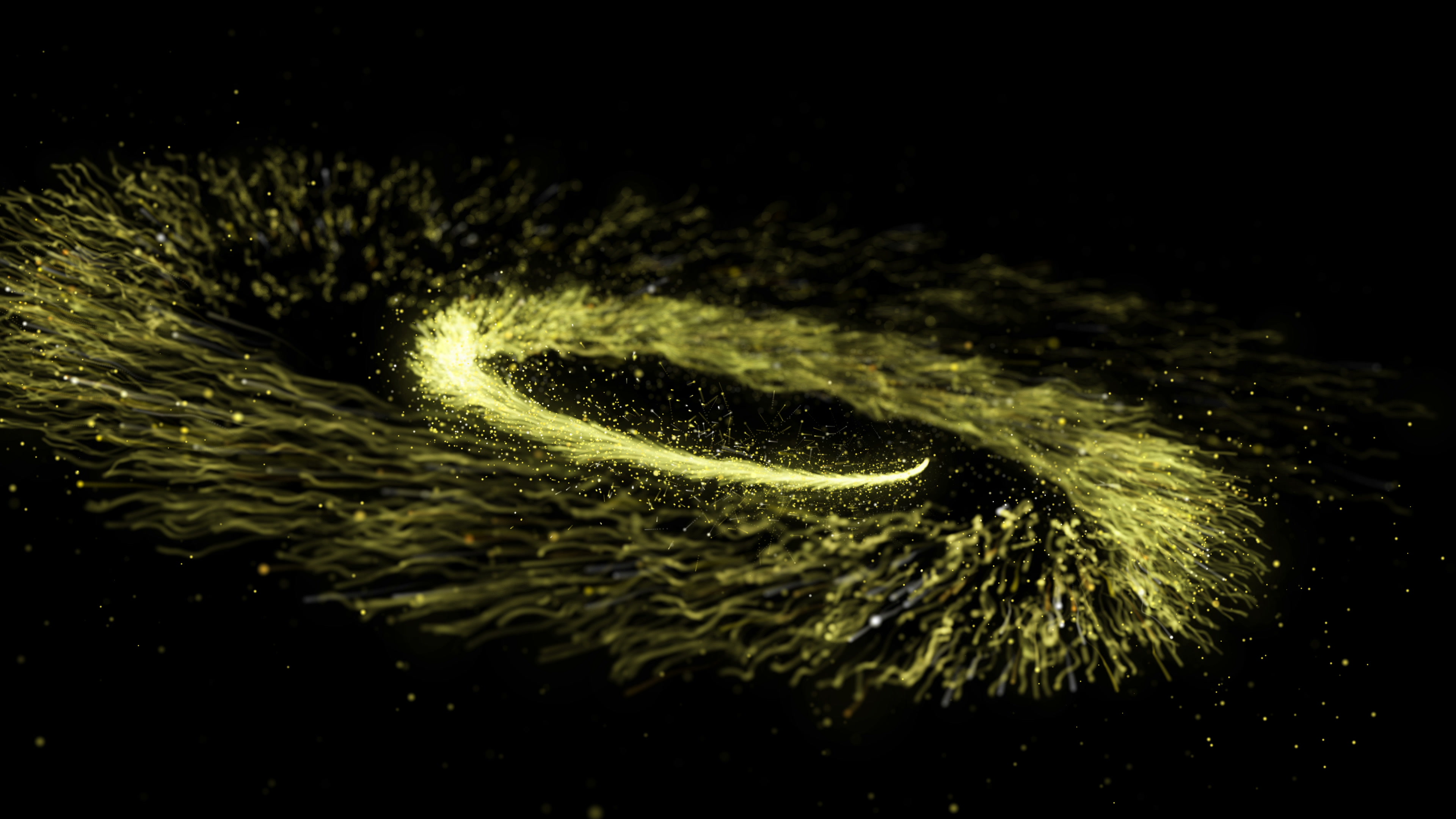 Gold glittering spiral trail of sparkling dust particles on black ...
