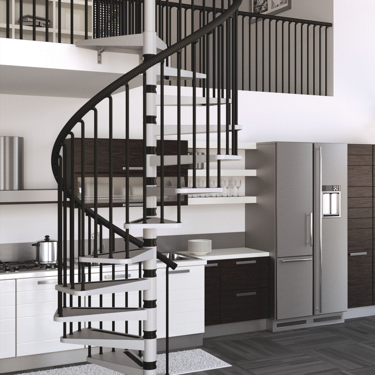 Spiral staircase / metal steps / steel frame / without risers ...