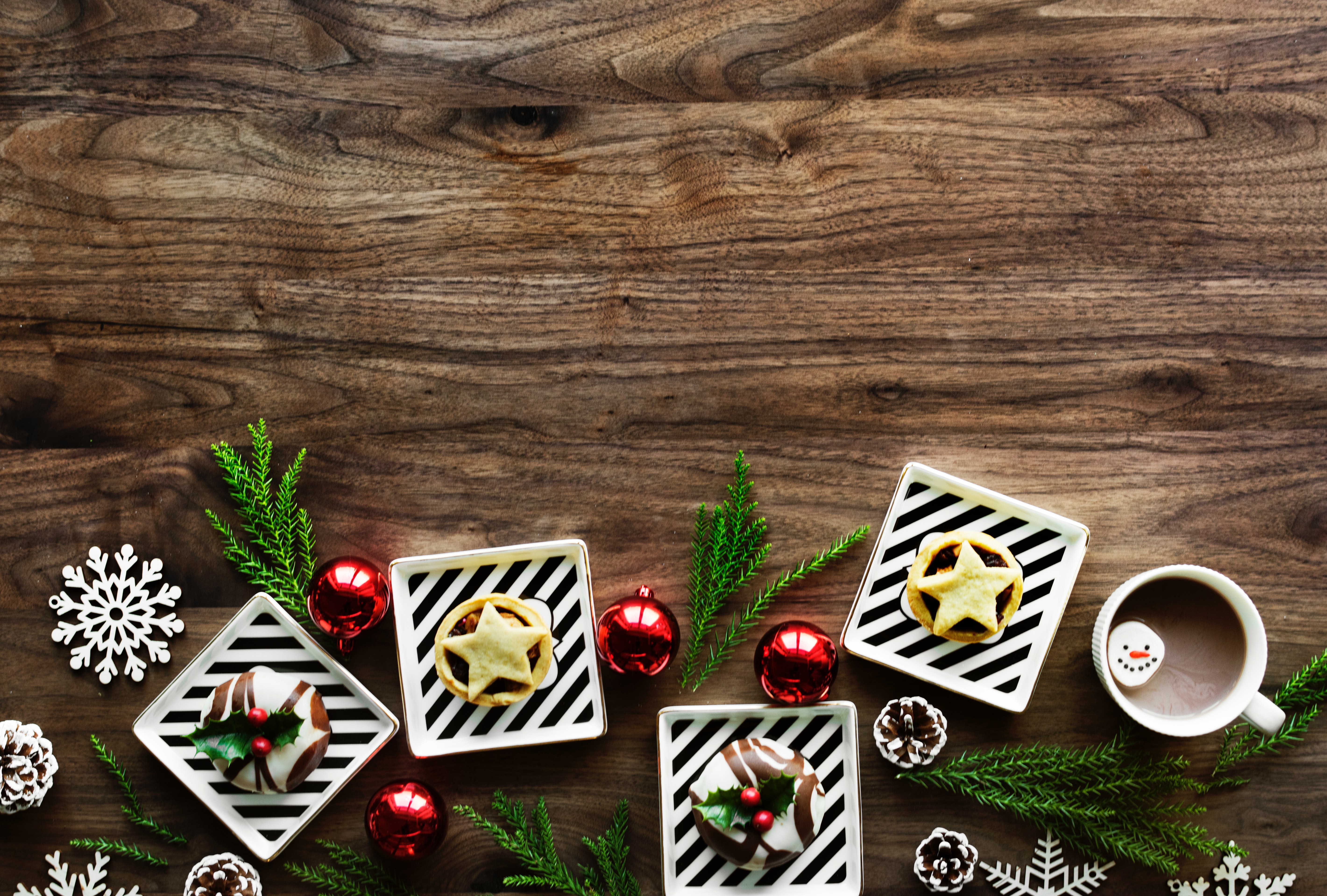 Square White Christmas Theme on Brown Wooden Floor, Background, Leaves, Xmas, Wooden, HQ Photo
