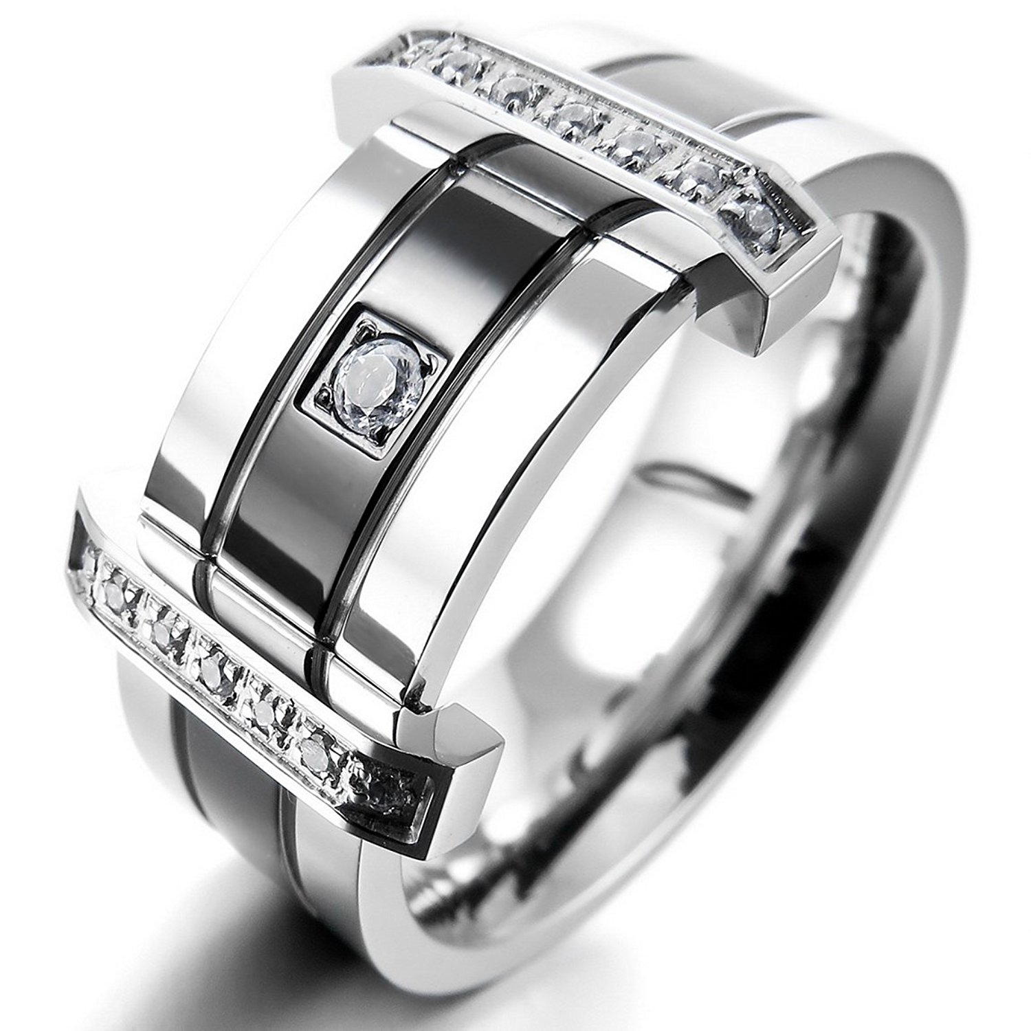 Amazon.com: INBLUE Men's Stainless Steel Ring Band CZ Silver Tone ...