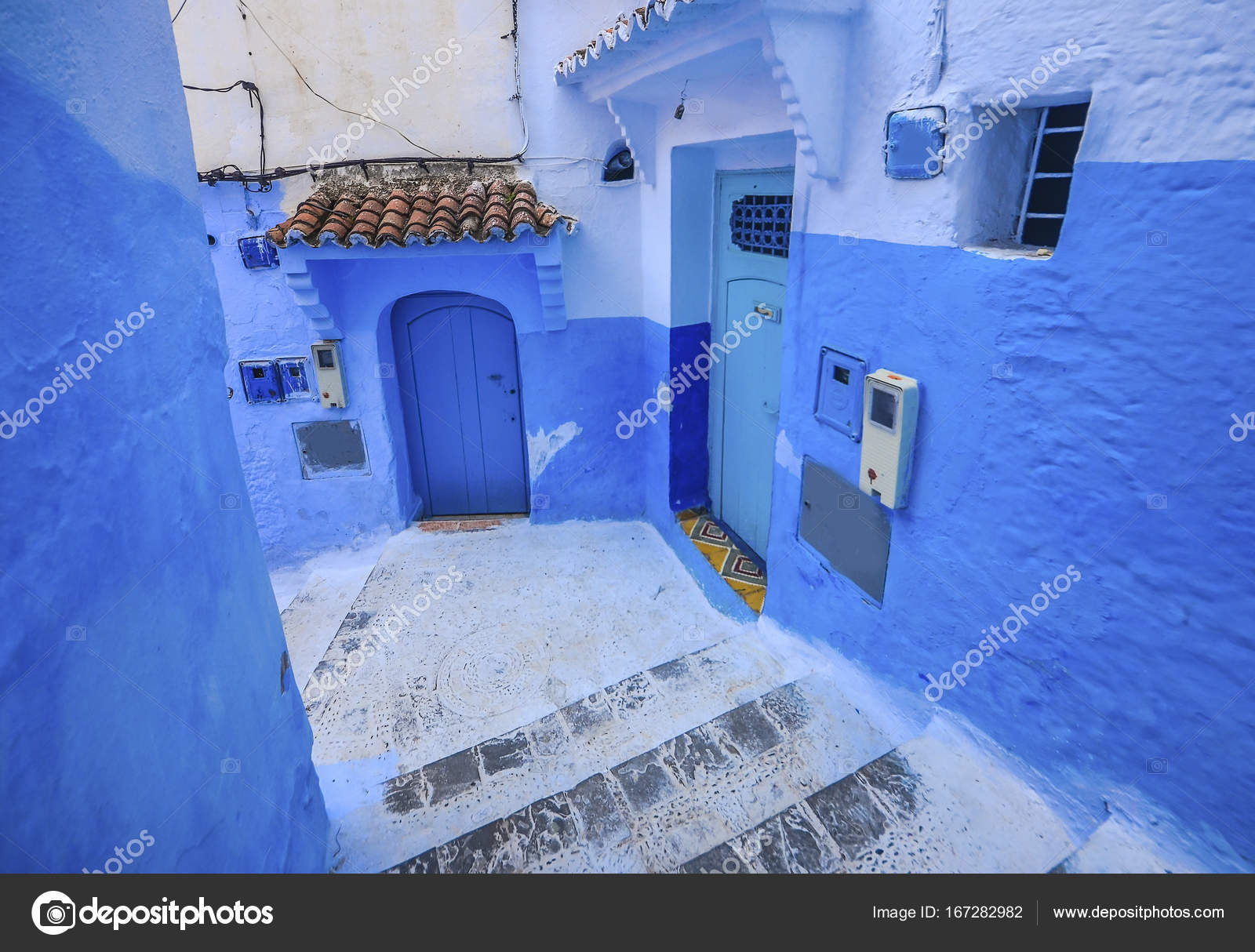 Street with stairs in Medina of Chefchaouen, Morocco. Chefchaouen or ...