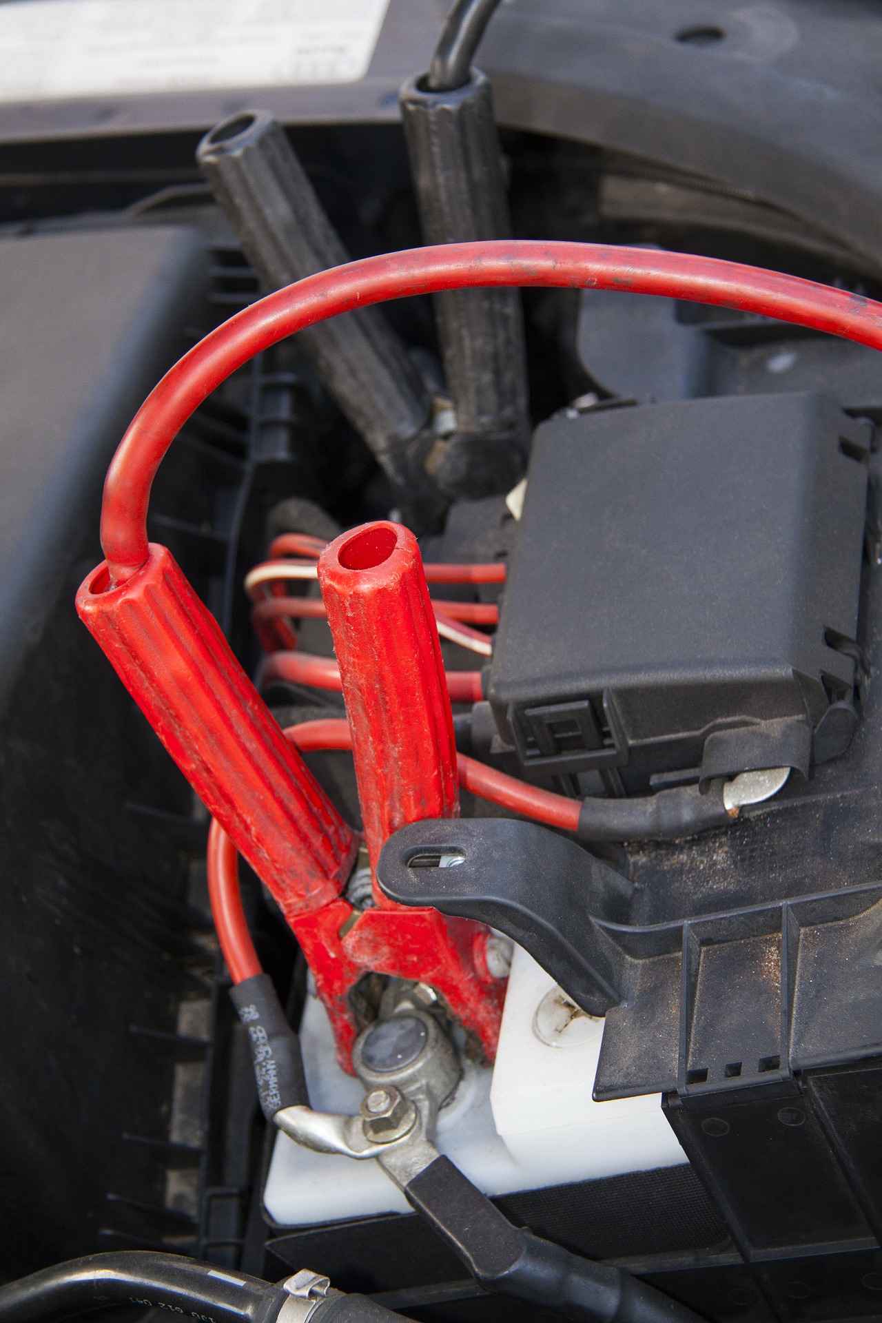Starter cable on car battery photo