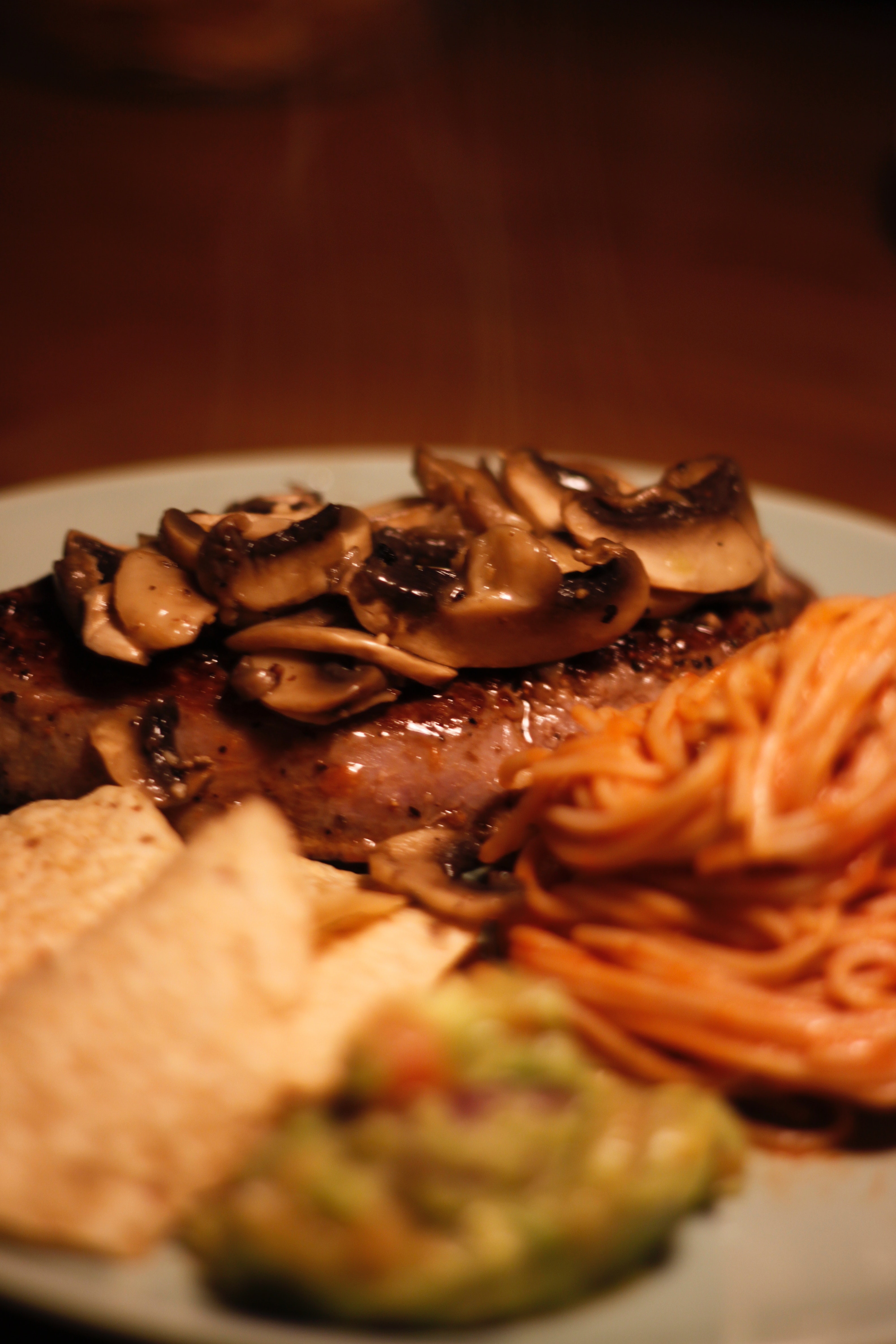 Steak with mushroom and spaghetti photo