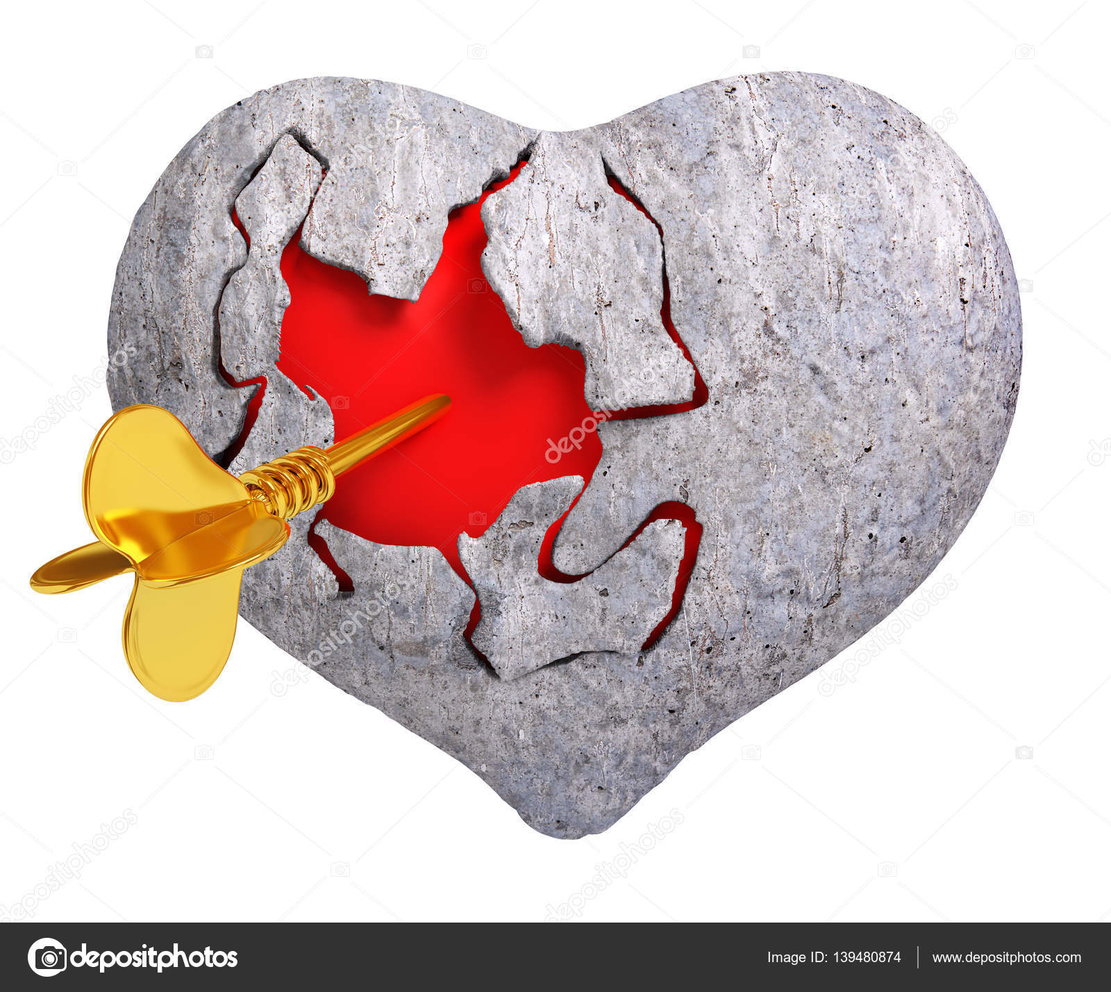 Broken stone heart with red inside it, and Cupid's arrow, 3d re ...