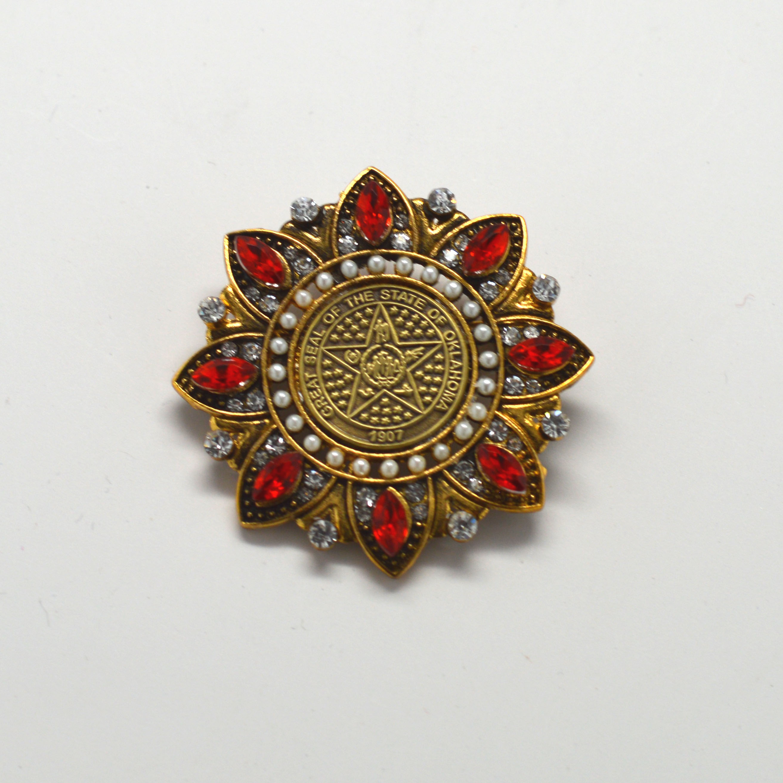 Antique Gold Flower Broach with Red Stones | Pin EFX