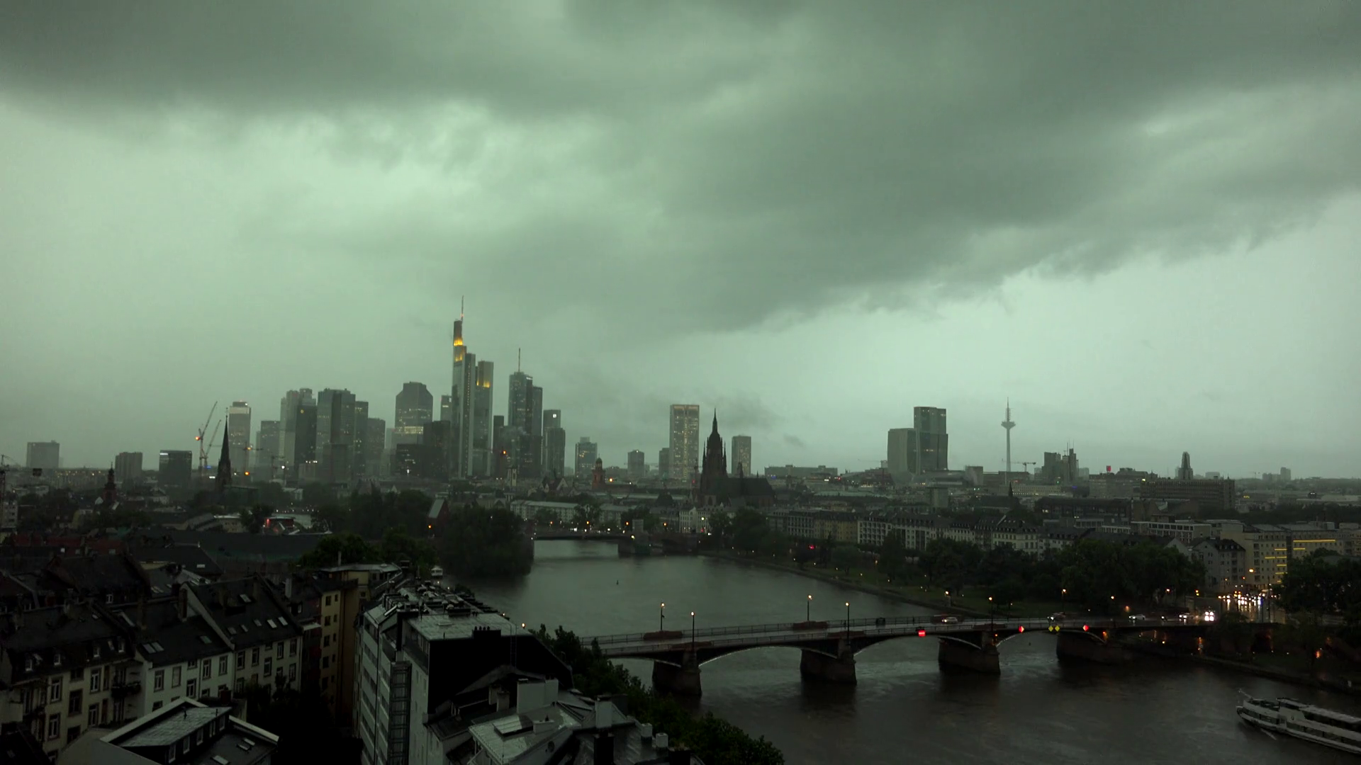 4K Timelapse heavy rain storm sky in Frankfurt city panorama emblem ...