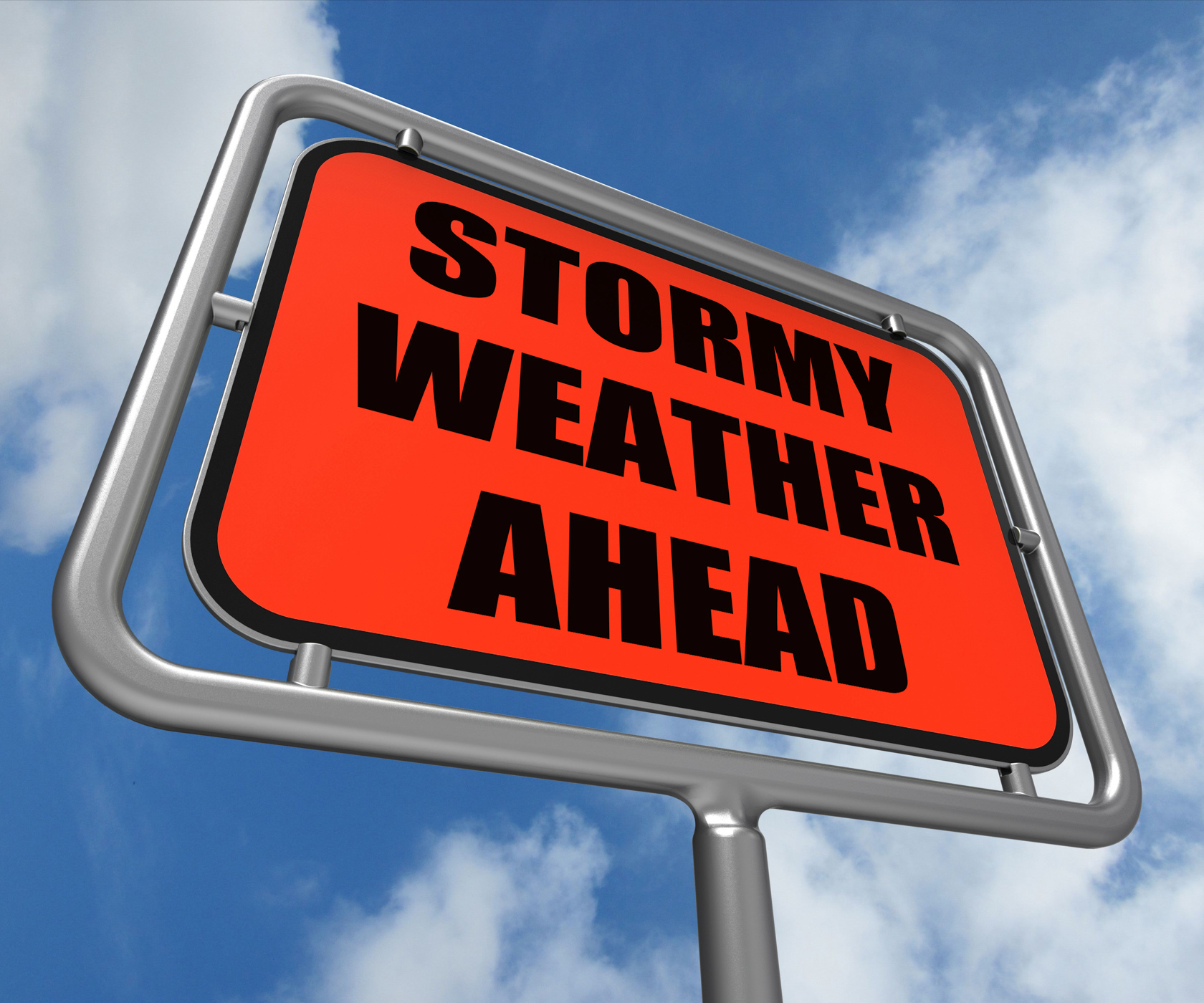 Stormy weather ahead sign shows storm warning or danger photo
