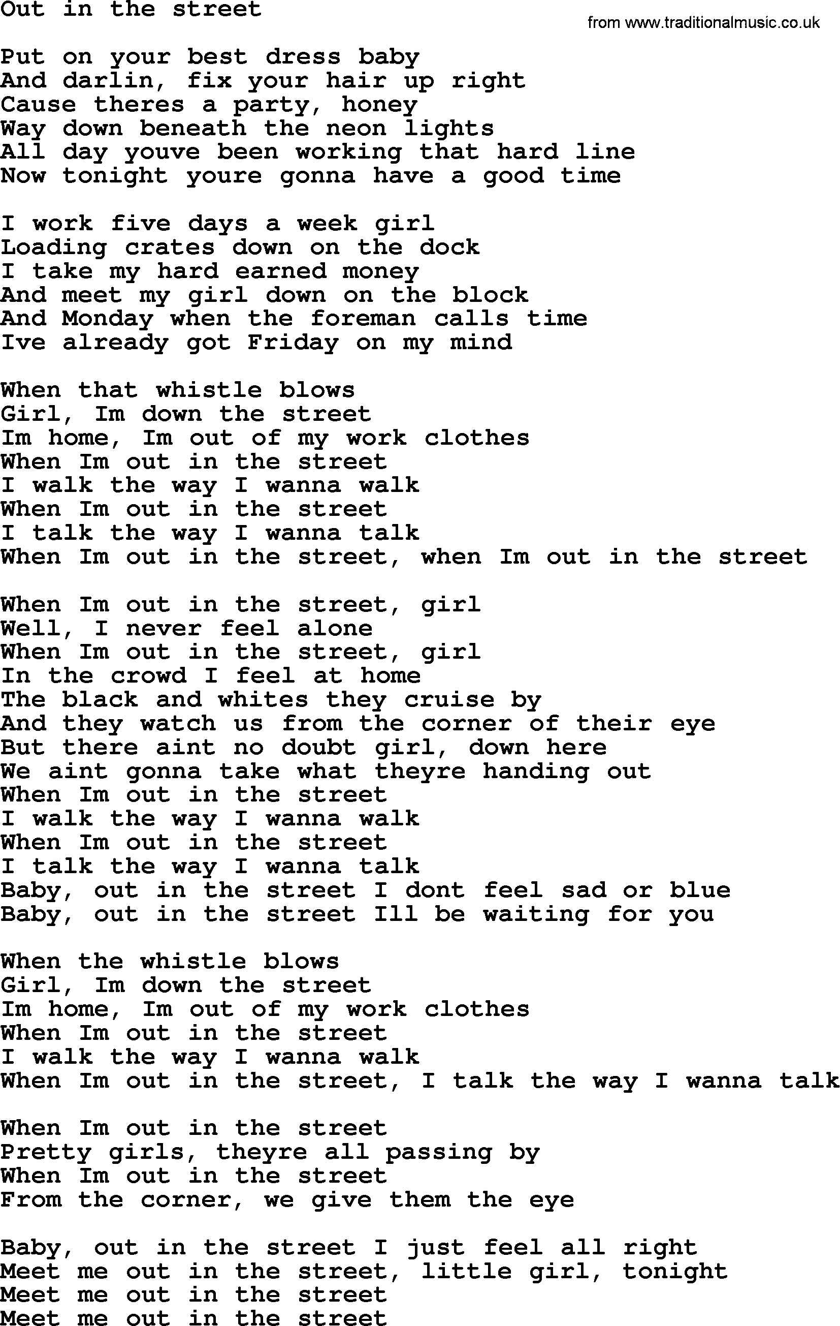 Bruce Springsteen song: Out In The Street, lyrics