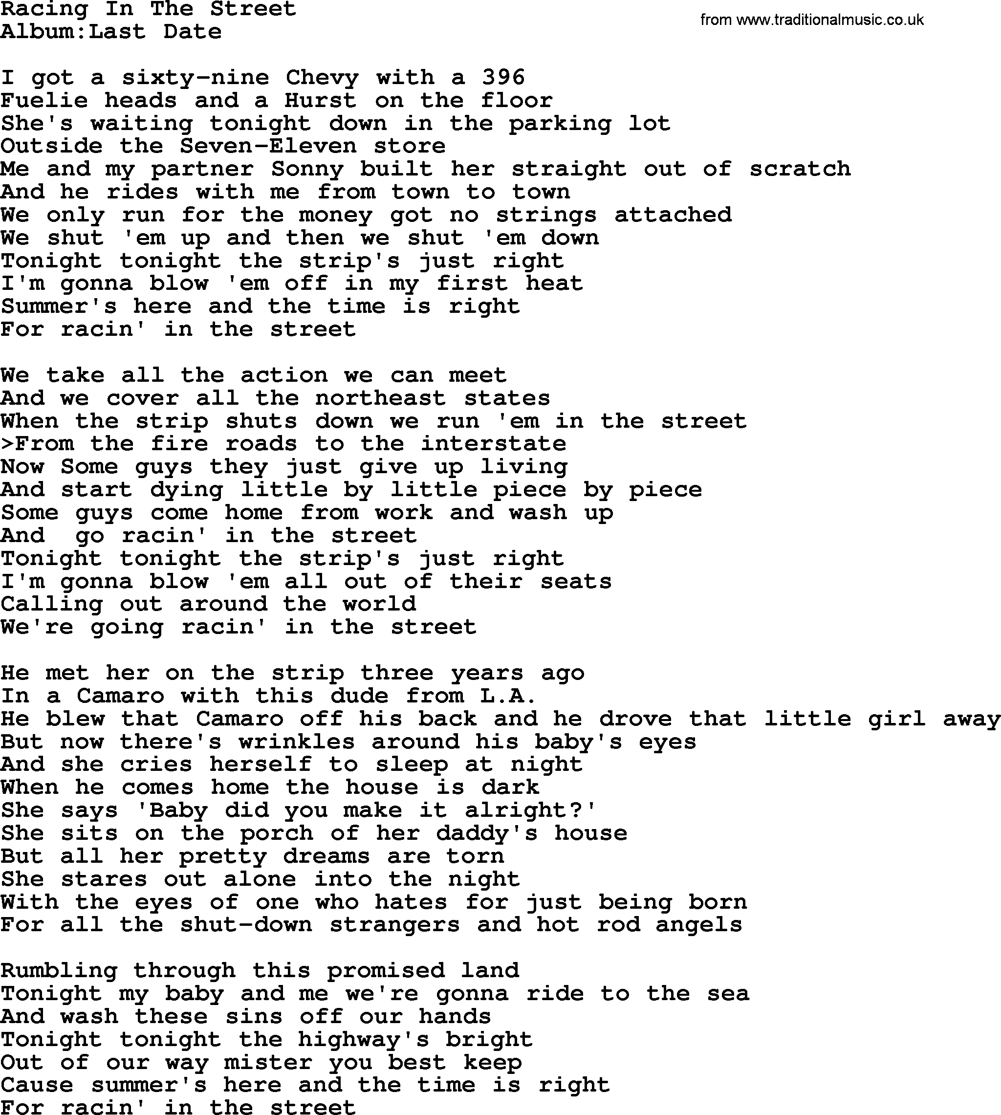 Emmylou Harris song: Racing In The Street, lyrics