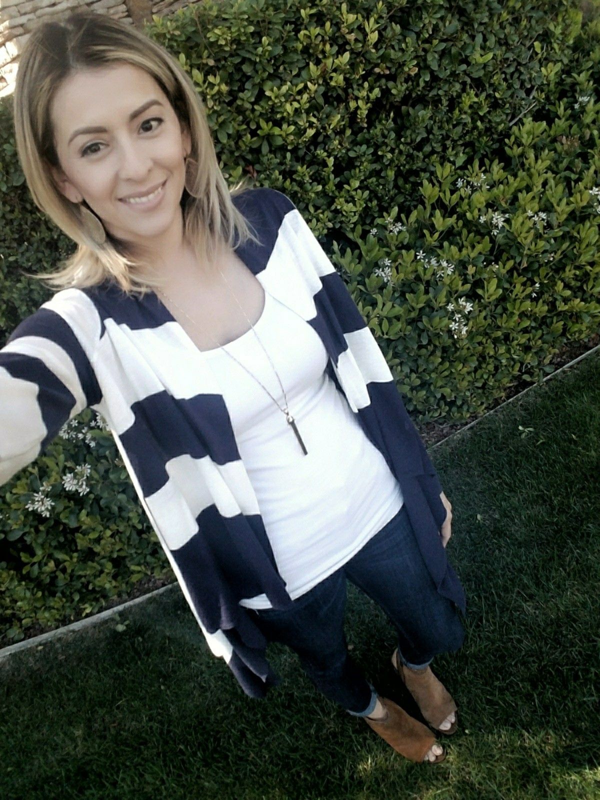 Blue stripped cardigan, nautical outfit, Jean outfit, Peep toe ...