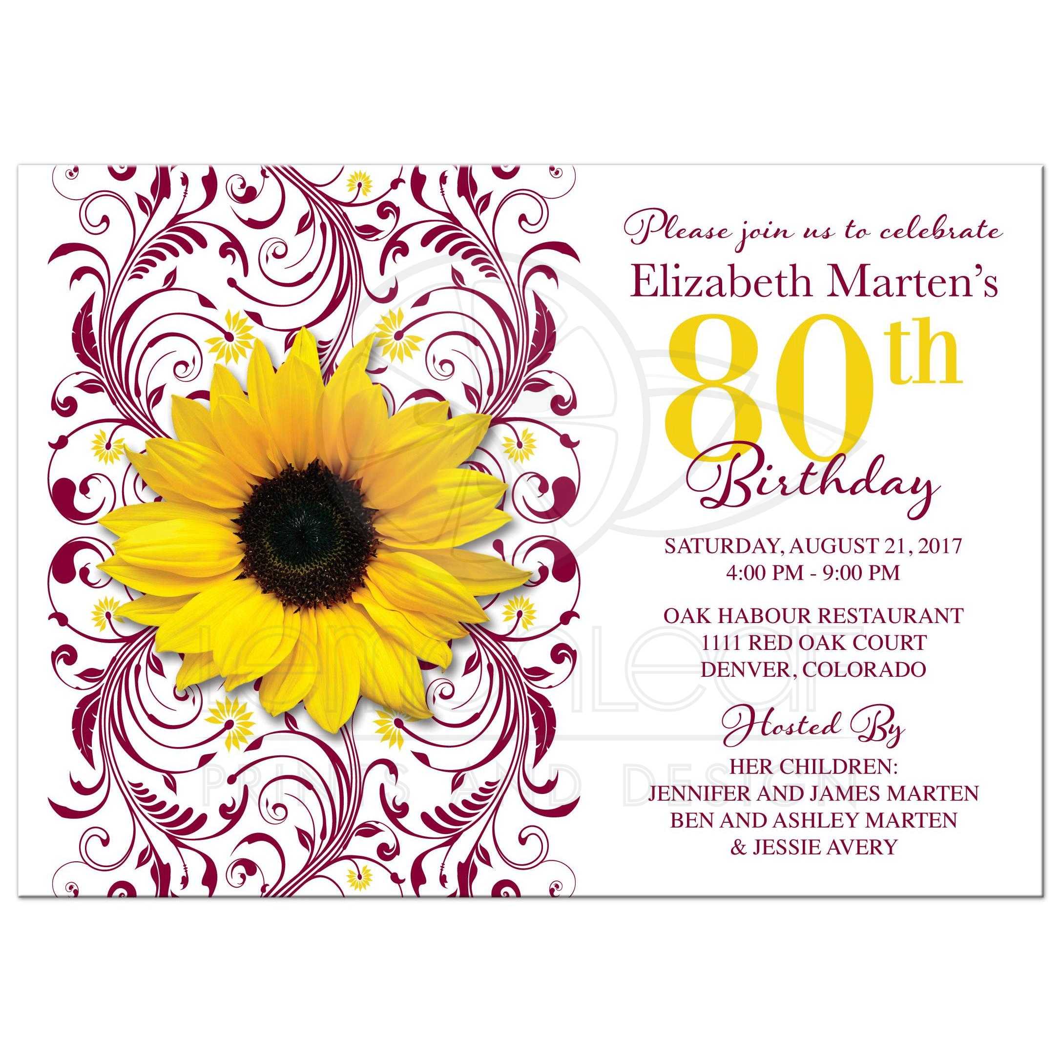 Burgundy Yellow Sunflower 80th Birthday Invitation