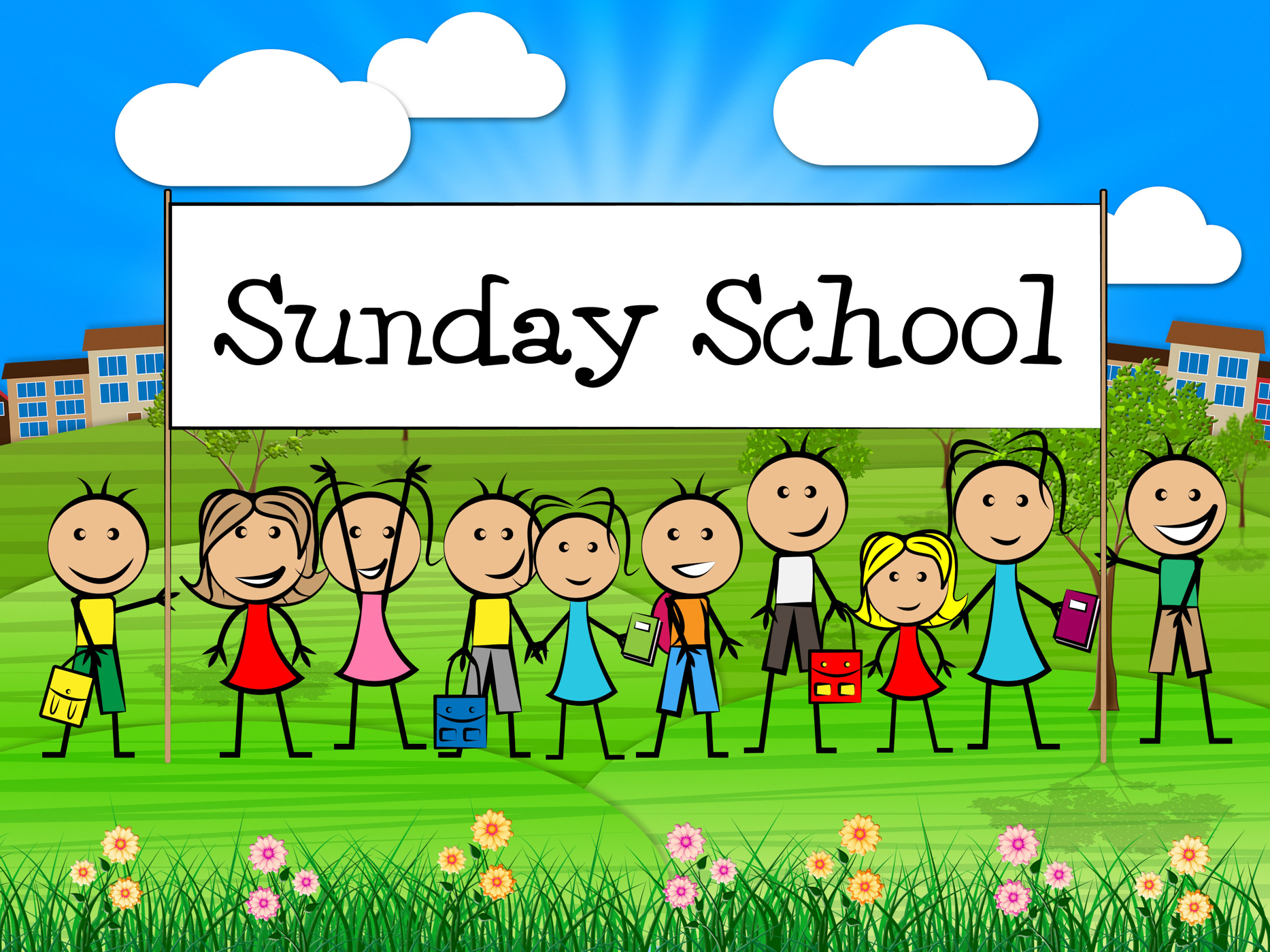 Sunday school banner represents prayer praying and youngsters photo