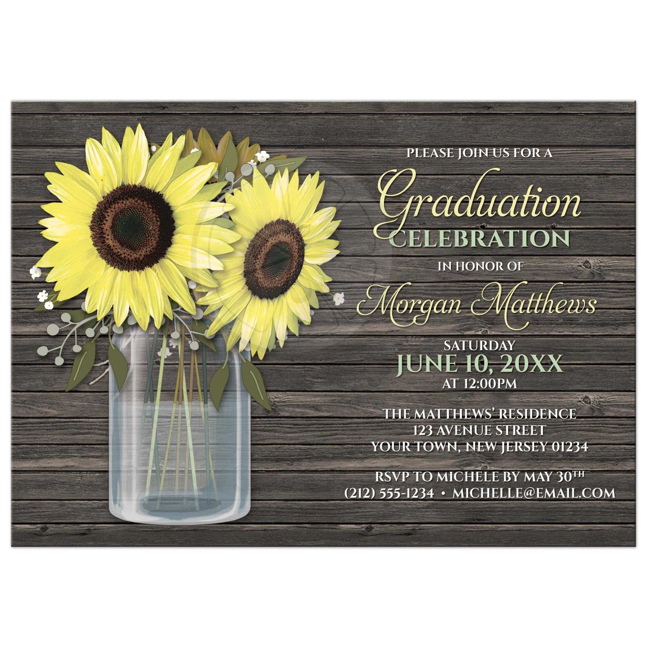 Graduation Invitations - Rustic Sunflower Wood Mason Jar