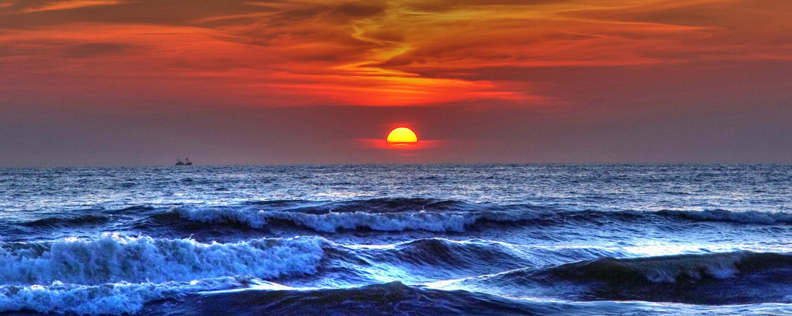 Sunset At Sea Waves Wallpaper